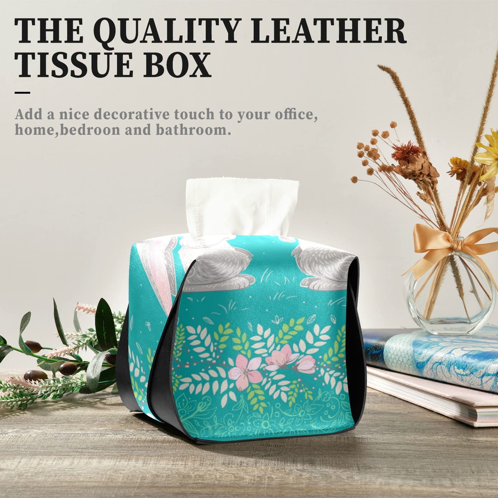 Happy Easter Two Hares Floral Wreath Leather Tissue Box Cover - Turquoise Square with Handle for Bathroom, Home, Office & Car (9.4x5.1x3.6 in) - Perfect for Easter Decor, Vanity Countertops & Nightstands