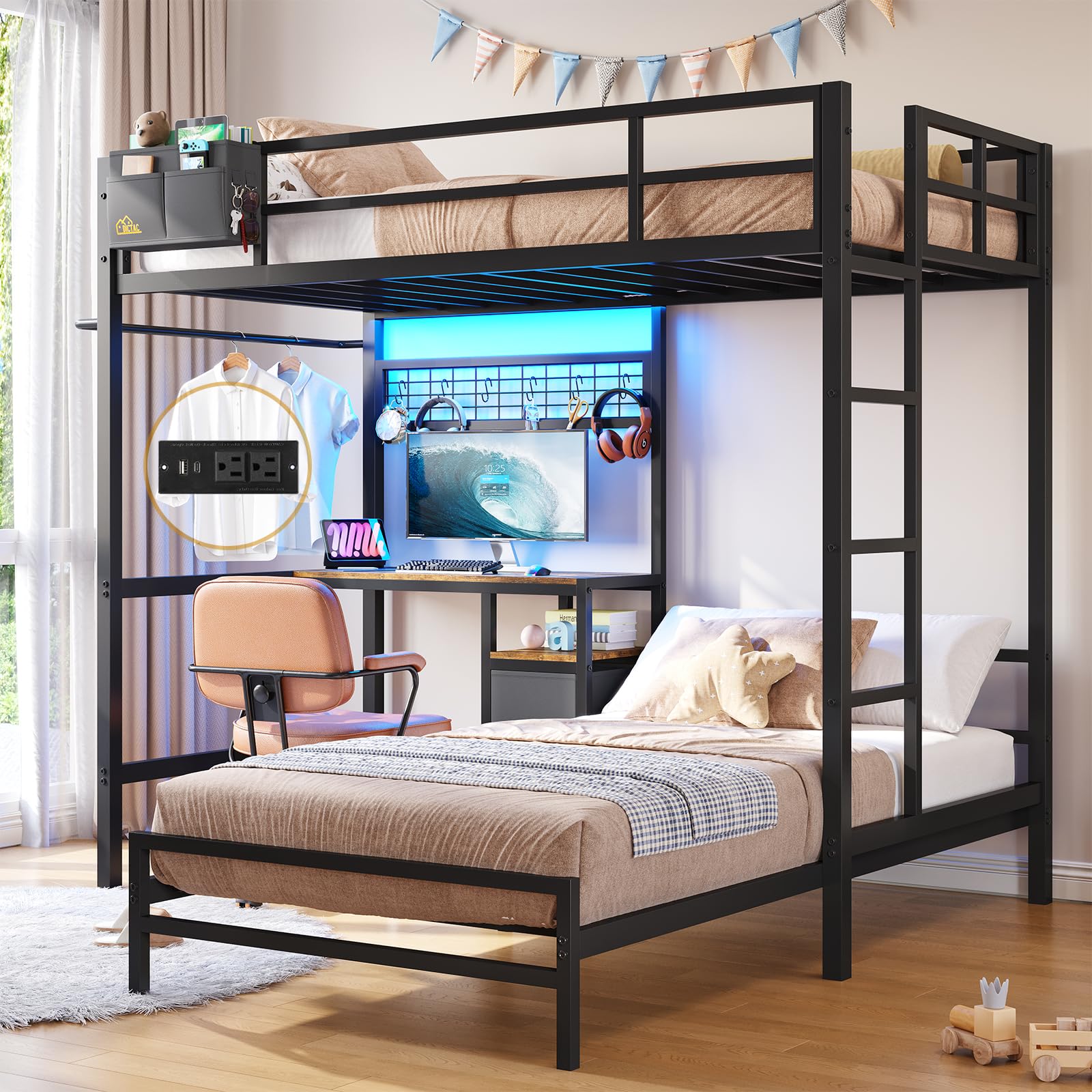 Twin Over Twin L-Shaped Metal Bunk Bed with Built-In Desk, USB Charging Station, LED Lights & Storage (Shelves + Drawers) - Safety Guardrail & Ladder Included - Space-Saving Loft Bed for Teens & Small Rooms - Perfect for Dorm, Apartment or Kids' Bedroom (Black)