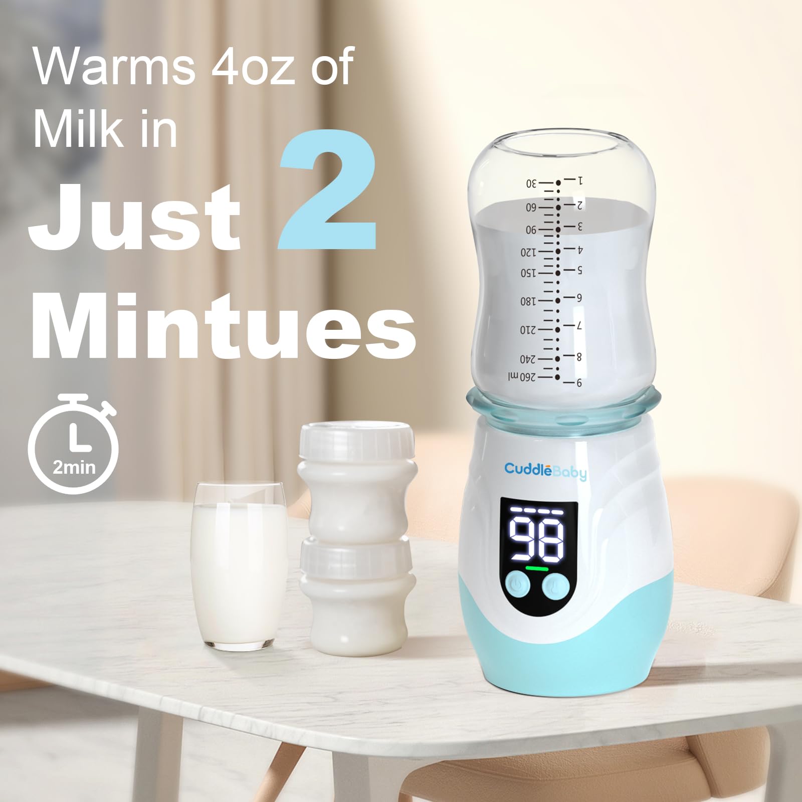 Portable Cordless Baby Bottle Warmer - Rechargeable Travel Bottle Heater with 8 Adapters & Milk Powder Container | Fast Heating for Breastmilk & Formula | Perfect for On-the-Go Parents, Road Trips & Air Travel (Blue)