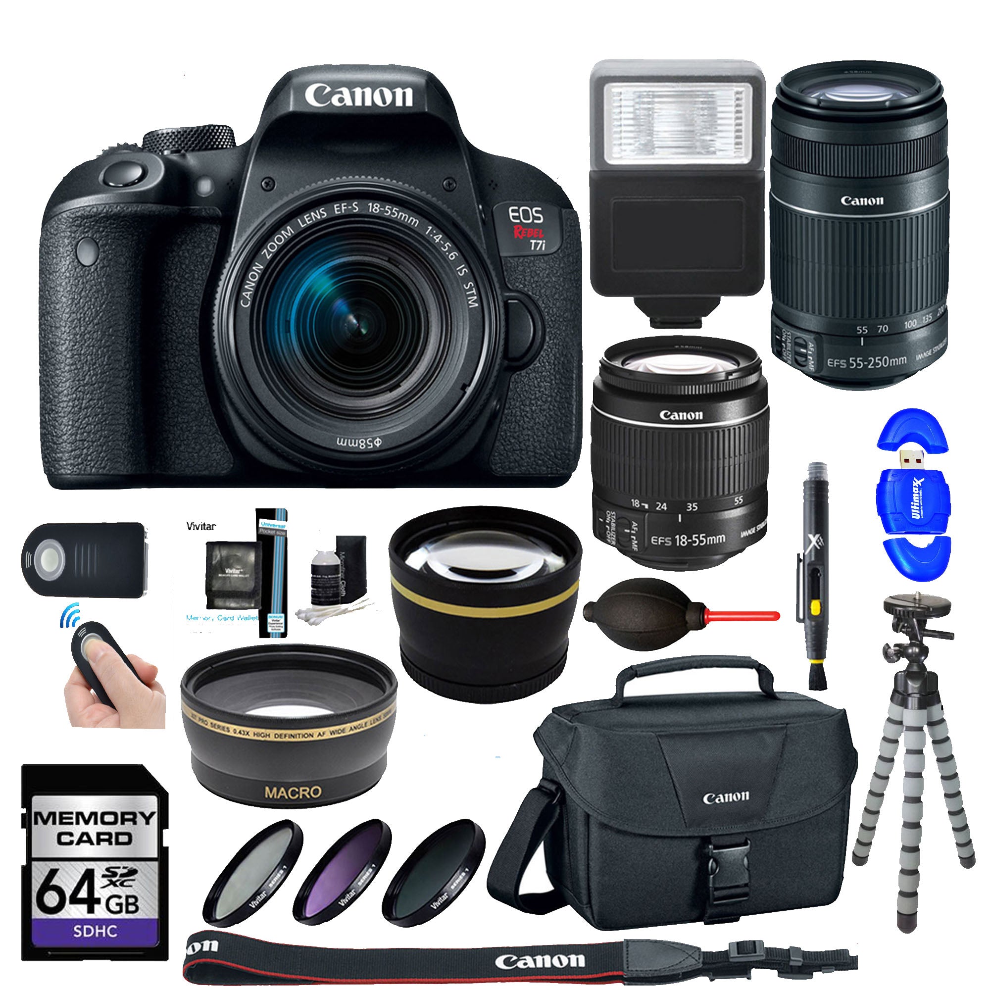 Canon EOS Rebel T7i/800D DSLR Camera Bundle with 18-55mm & 55-250mm IS II Lenses, 64GB SDXC Memory Card - Perfect for Travel Photography, Portrait Shots & Vlogging