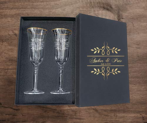 Elegant Champagne Luminous Glassware Set of 2 with Gift Box - Personalized Bride & Groom Name Custom Glasses for Weddings, Anniversaries & Romantic Celebrations - Perfect Wedding Gift for Couples