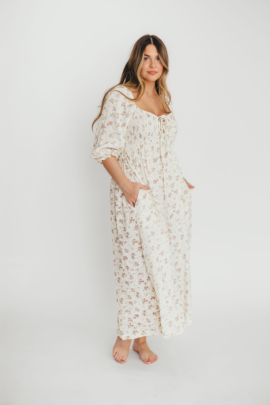 100% Cotton Smocked Maxi Dress for Women - Ivory/Mauve Floral Print | Bump Friendly Maternity Dress | Perfect for Summer, Beach Vacations & Special Occasions