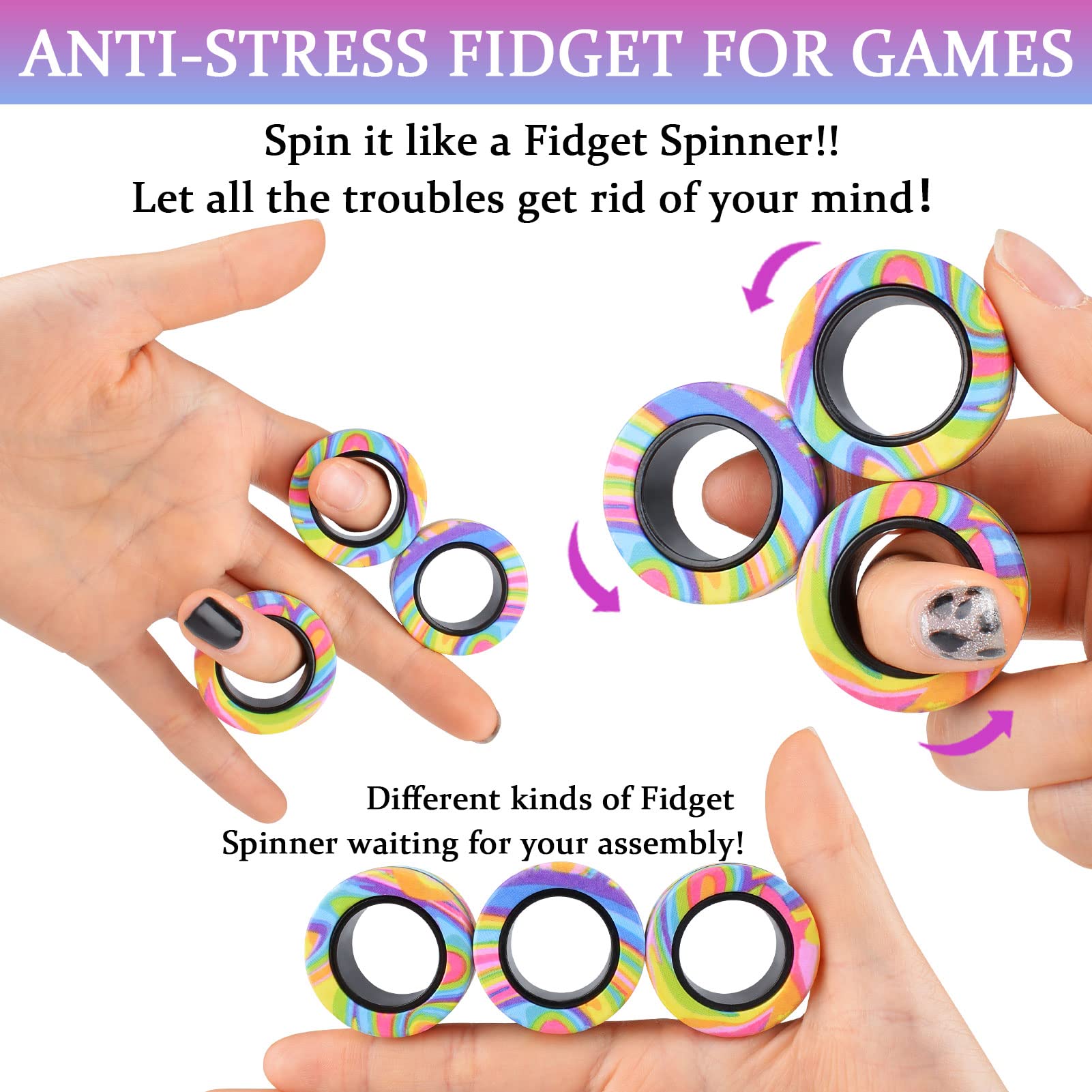 3Pcs Magnetic Fidget Rings for Adults & Kids - Stress Relief & Anxiety Toys for ADHD, Autism, Focus - Fun Easter Basket Stuffers & Valentine's Gifts for Boys Girls 8+ - Perfect for Office, School & Travel Use