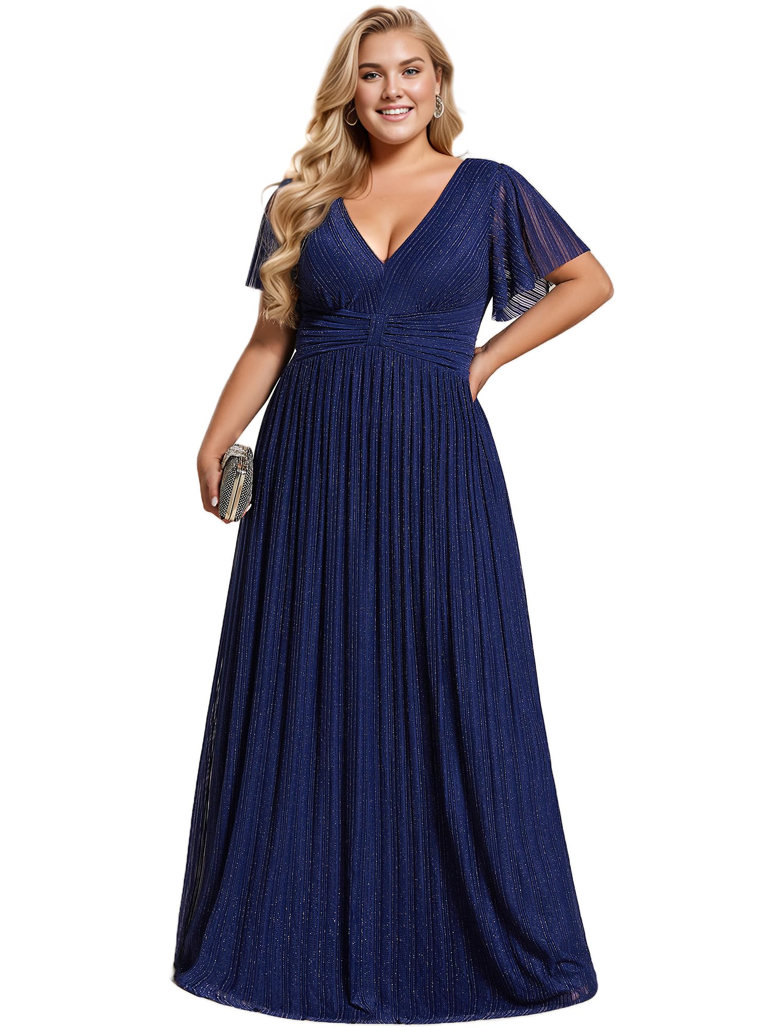 Ever-Pretty Women's Plus Size A-Line Glitter V-Neck Pleated Formal Evening Dress - Perfect for Prom, Cocktail Parties & Special Occasions
