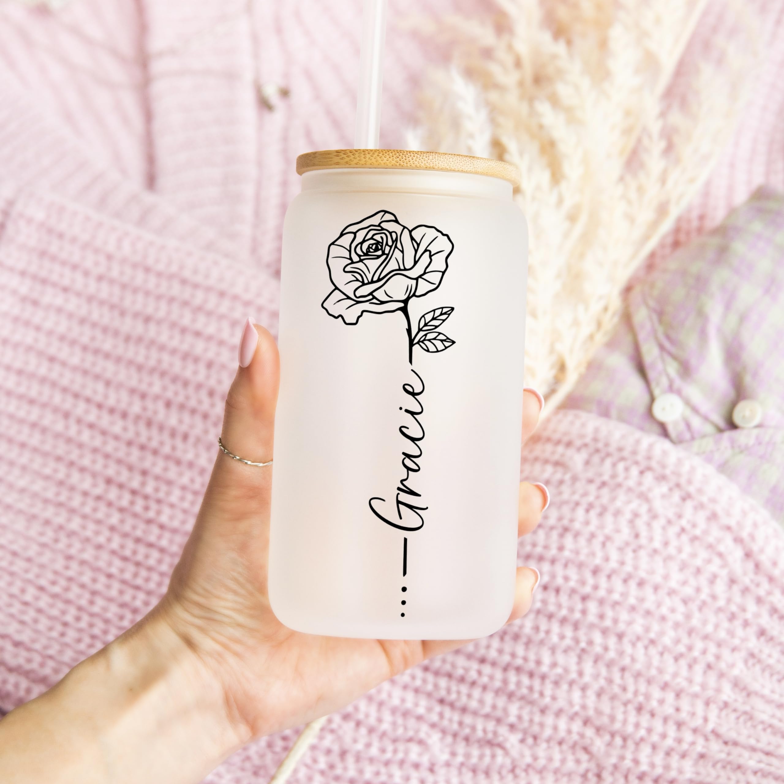 Custom Birth Month Flower Glass Tumbler with Name - Personalized Travel Cup with Lid & Straw - Unique Bridesmaid Proposal Gift - Birthday Present for Women, Mom - Perfect for Coffee, Tea & On-the-Go Hydration