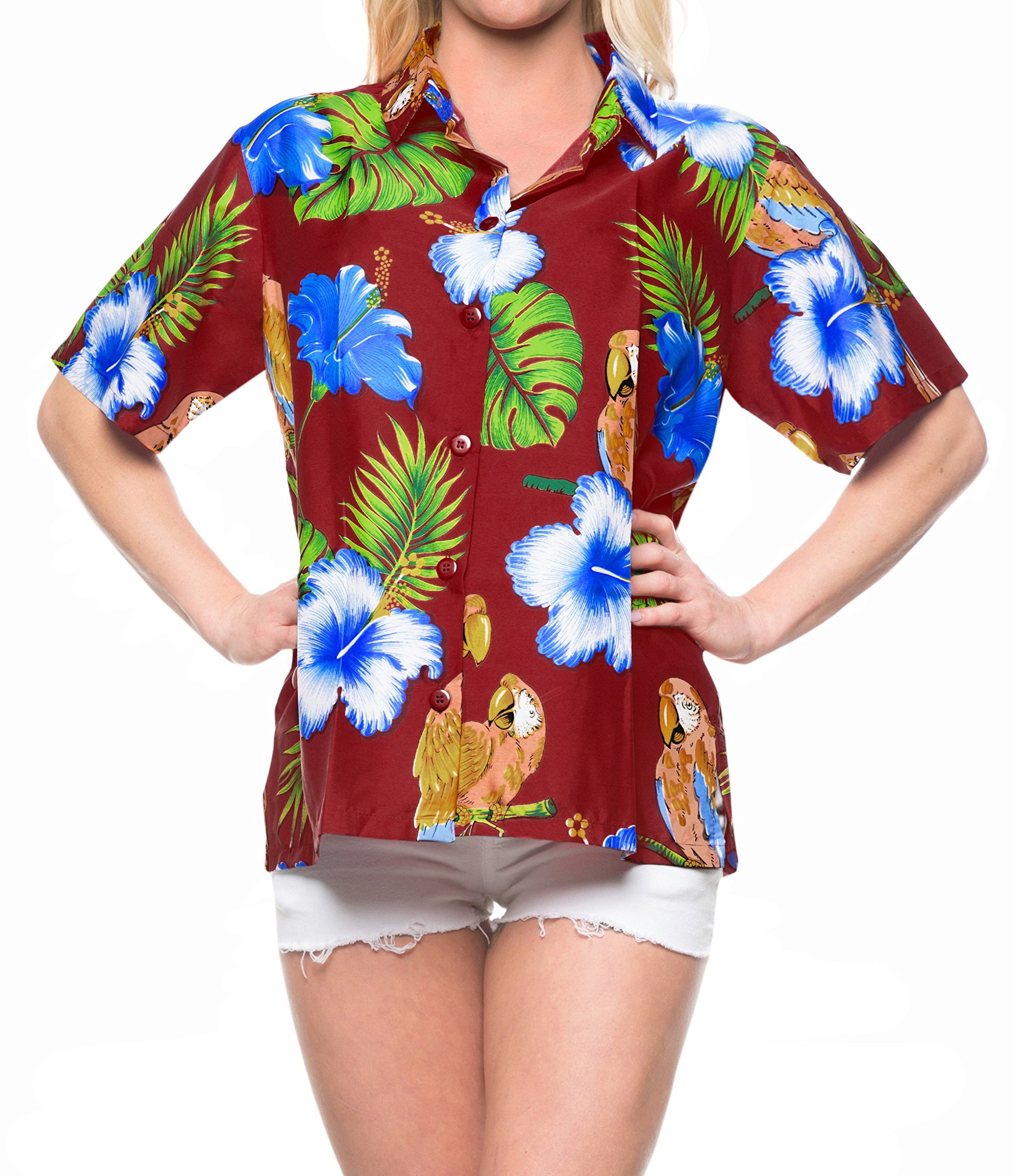LA LEELA Women's Short Sleeve Hawaiian Beach Blouse Shirt - Floral Print Vacation Top for Summer, Pool Party & Tropical Getaways
