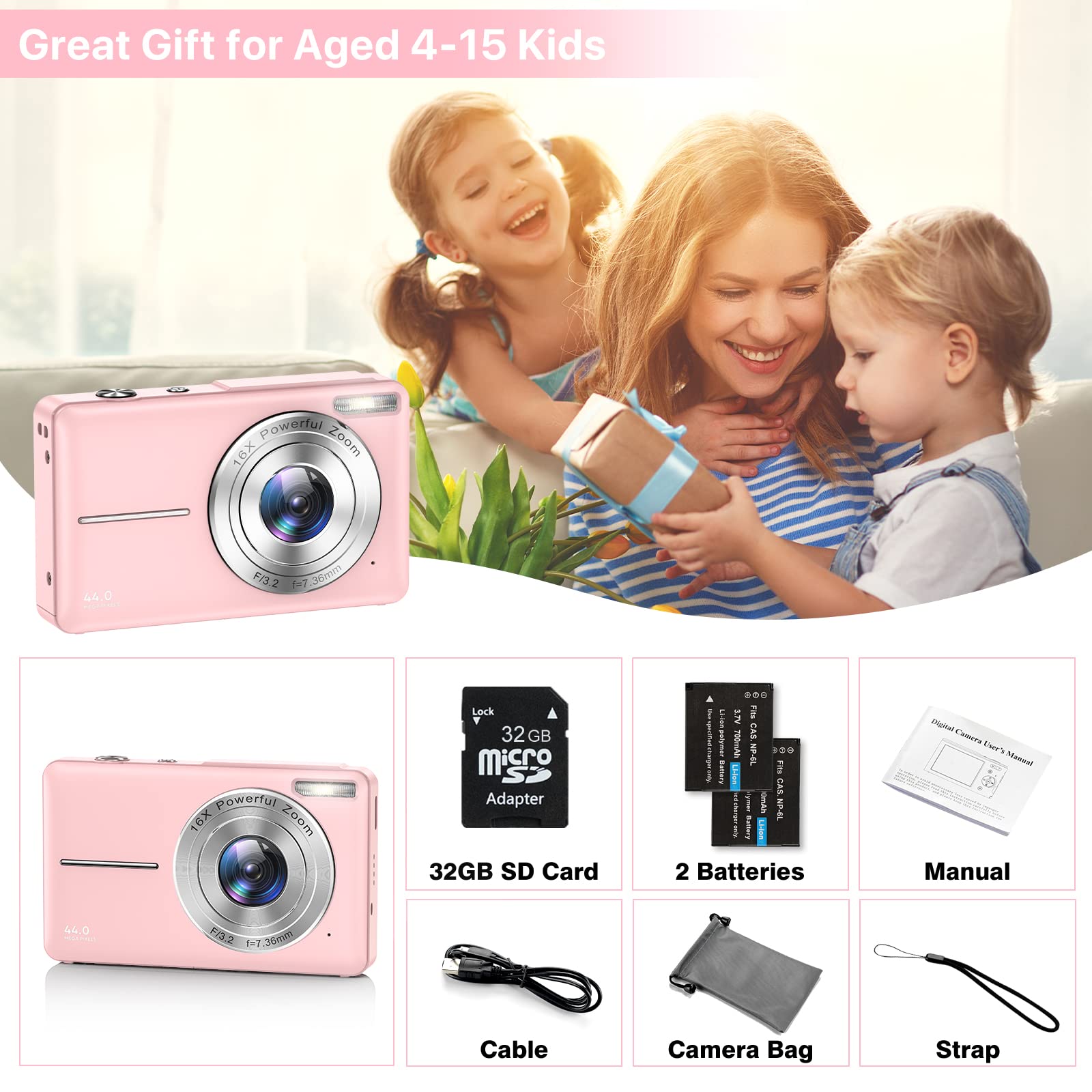 FHD 1080P Digital Camera with 16X Zoom - Compact Point & Shoot Camera for Kids, Teens & Seniors | Light Pink Portable Mini Camera for Travel, School & Family Events