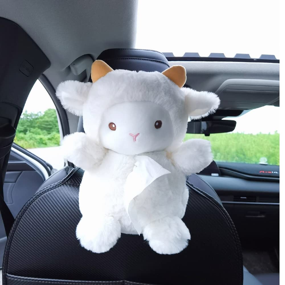 SEADEAR Car Tissue Box Holder - Cute Cartoon White Sheep Design for Paper Facial Tissues | Decorative Napkin Storage Box for Car, Home, Bathroom & Office Use | Perfect Gift for Baby Nursery & Farmhouse Decor