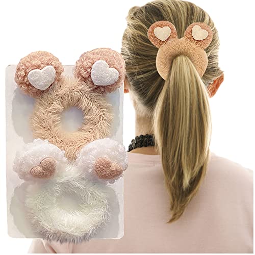 1 Pair Furry Hair Scrunchies with Animal Ears - Cute Elastic Hair Ties for Women & Girls - Soft Ponytail Holders Hair Accessories for Party, School, and Daily Wear