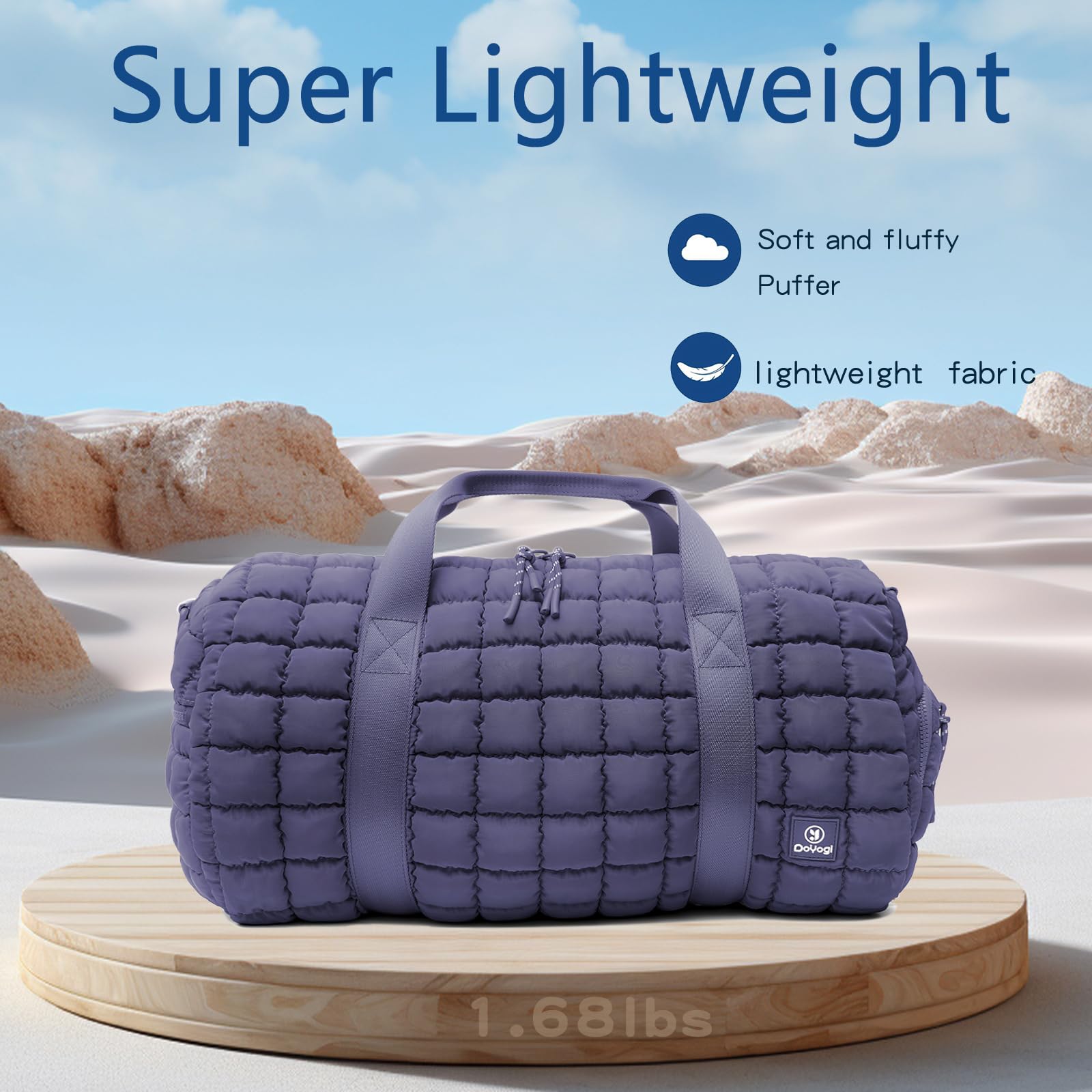 Quilted Gym Bag for Women - Large Duffle Travel Bag with Wet Pocket & Shoe Compartment - Purple Weekender Carry On Bag for Workout, Yoga, Gym, Travel & Weekend Getaways
