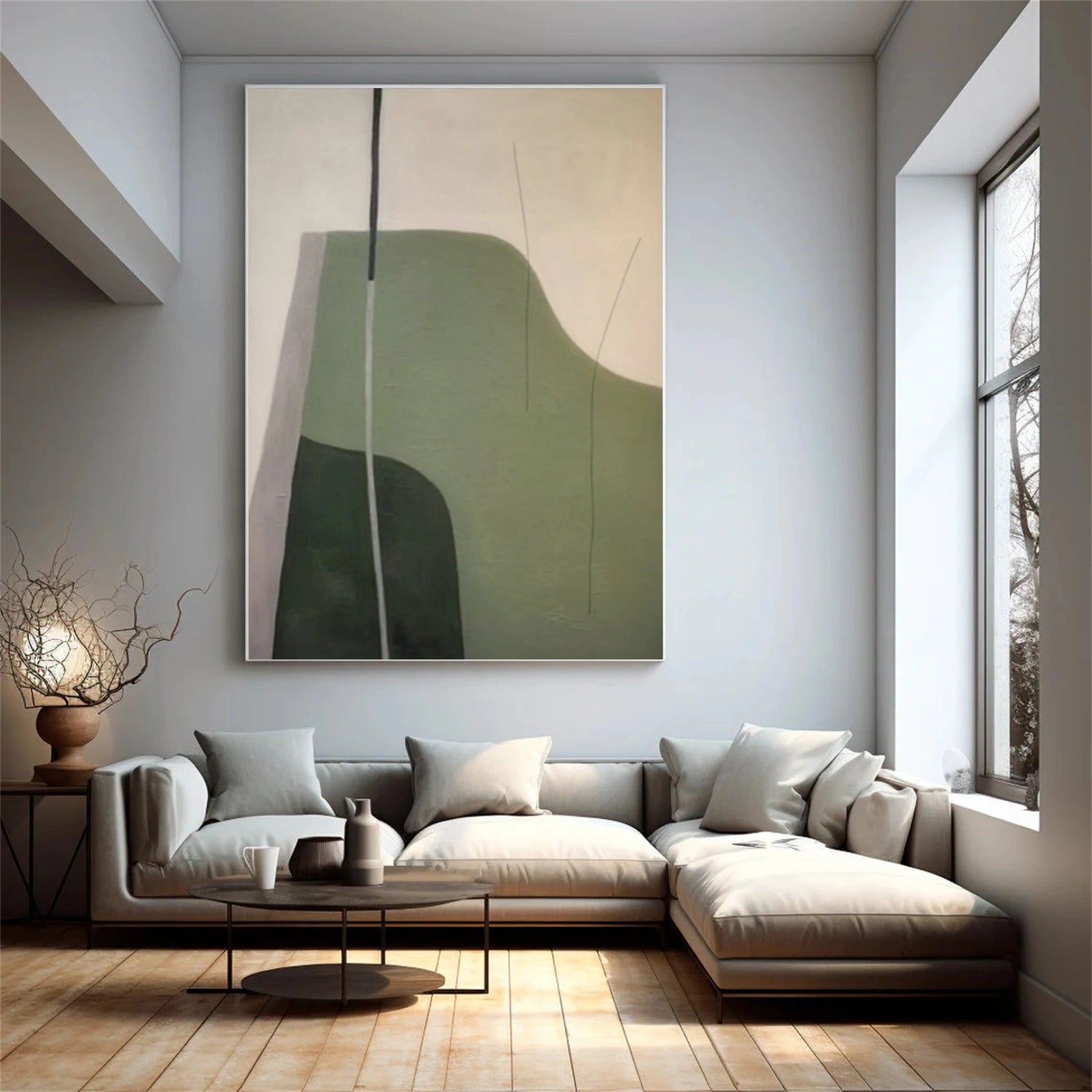 Abstract Wall Art #BG119 - Beige & Green Modern Canvas Painting for Living Room, Bedroom & Office Decor