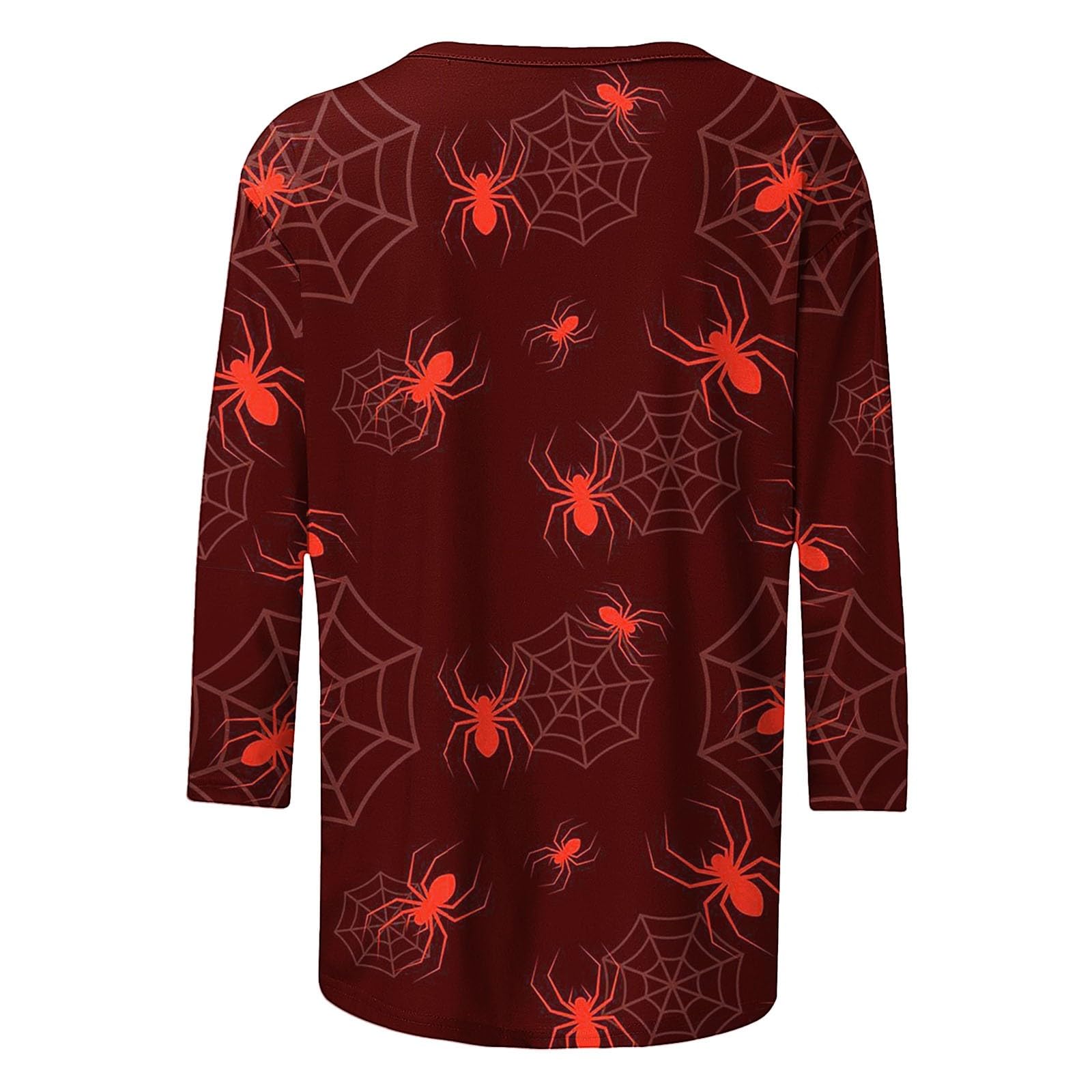 **Women's Halloween Tops 2024 – Plus Size 3/4 Sleeve Horror Spider Graphic Shirts for Women – Perfect for Halloween Parties & Spooky Events**