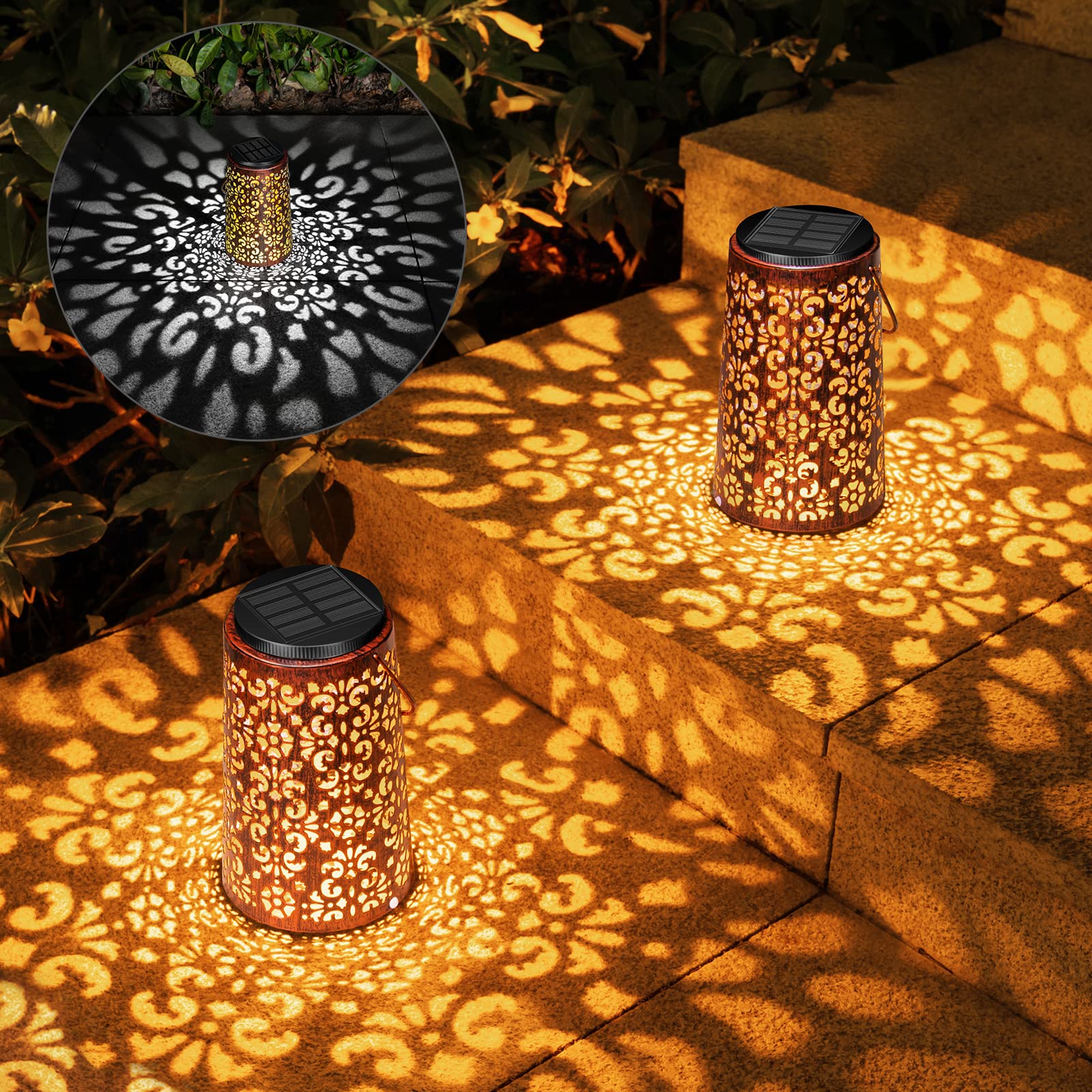 JSOT Solar Lanterns Outdoor Waterproof - 2 Pack Hanging Metal Lights for Patio, Garden, Yard, Backyard, Porch - Cool & Warm White LED - Perfect Gift for Women, Mom, Grandma - Ideal for Outdoor Decor, Evening Gatherings, and Romantic Ambiance