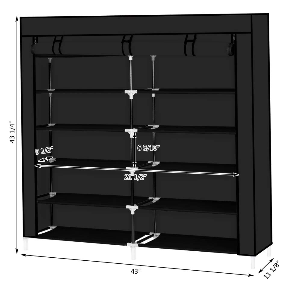 6 Tier Shoe Rack Organizer - Space Saving Storage for 30 Pairs of Shoes, Portable Double Row Shoe Shelf Cabinet with Dustproof Non-Woven Cover (Black) | Perfect for Closet, Bedroom, Entryway & Small Space Organization