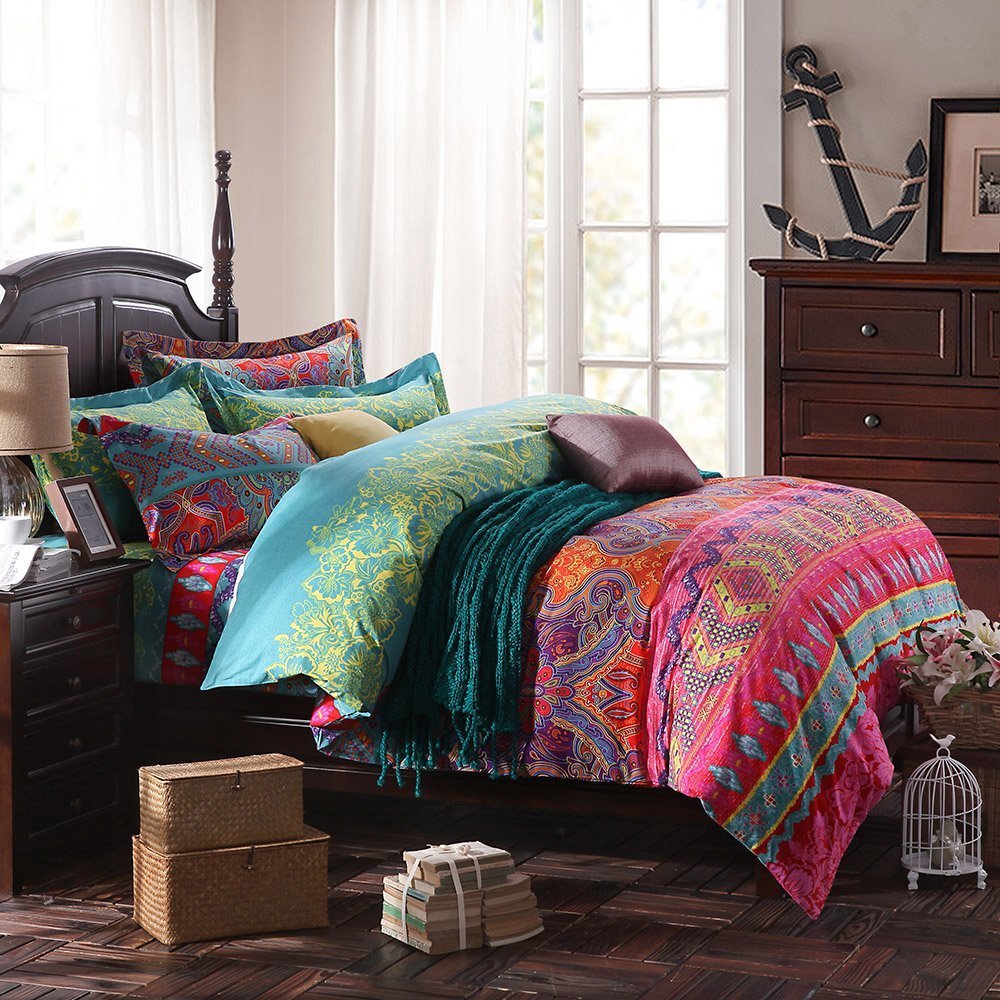 LELVA Bohemian King Size Duvet Cover Set - 100% Cotton 5-Piece Boho Bedding with Pillow Shams (Duvet Cover + 2 Pillowcases + Decorative Pillow Covers) - Perfect for Master Bedroom, Guest Room & Bohemian Style Home Decor