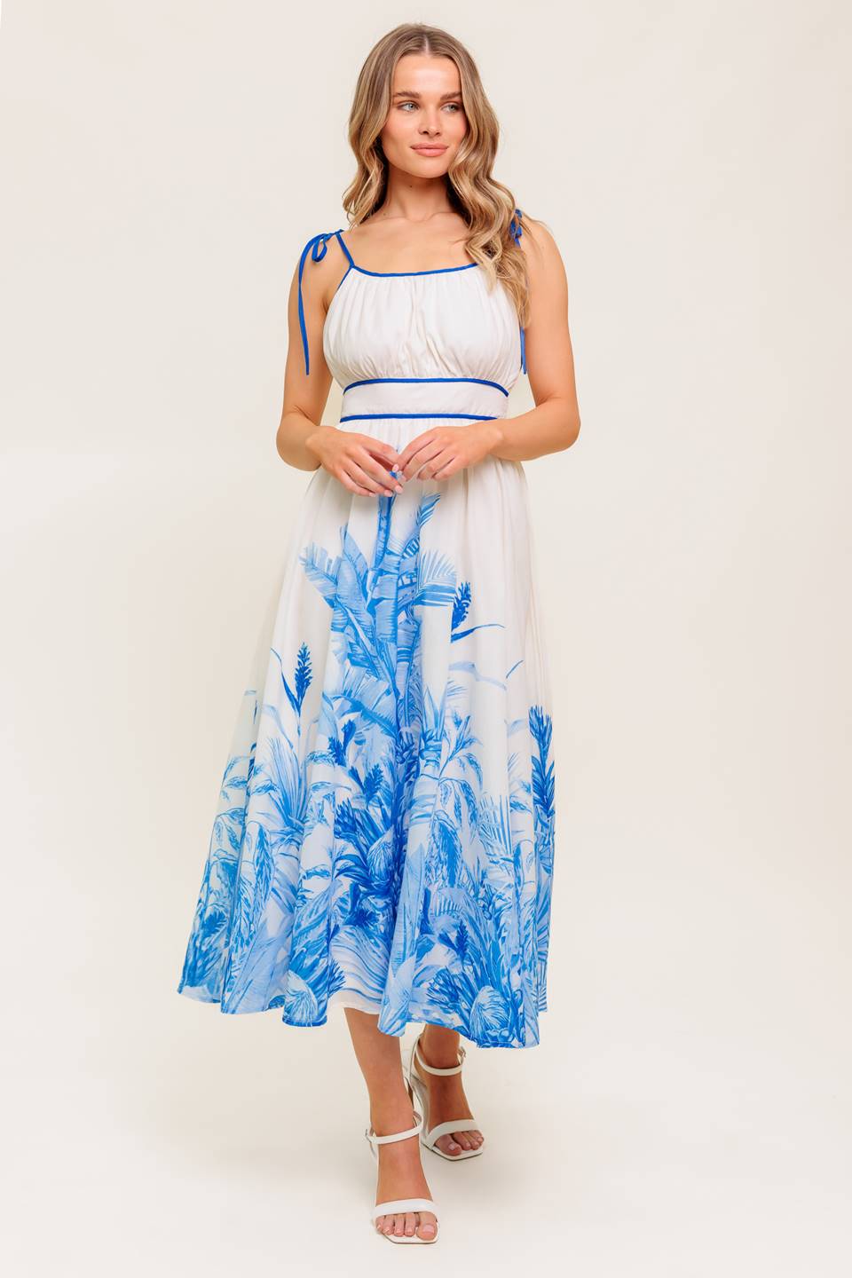 GARDENIA BLUE MIDI DRESS - Ivory & Blue Floral Print Summer Dress for Women, Perfect for Beach Vacation, Garden Party and Casual Outings