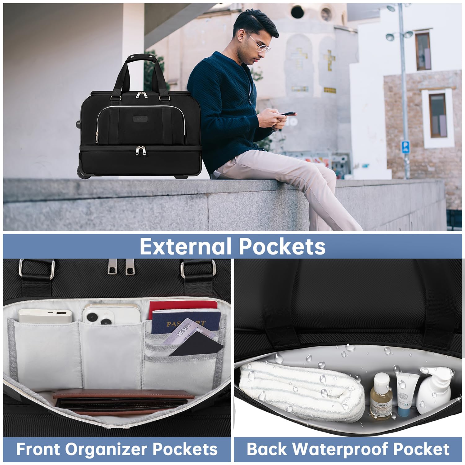 ETRONIK Large Rolling Duffle Bag with Wheels - Waterproof Travel Suitcase for Men & Women with Shoe Compartment & Adjustable Strap - Perfect for Weekend Getaways, Business Trips & Overnight Travel (Black)