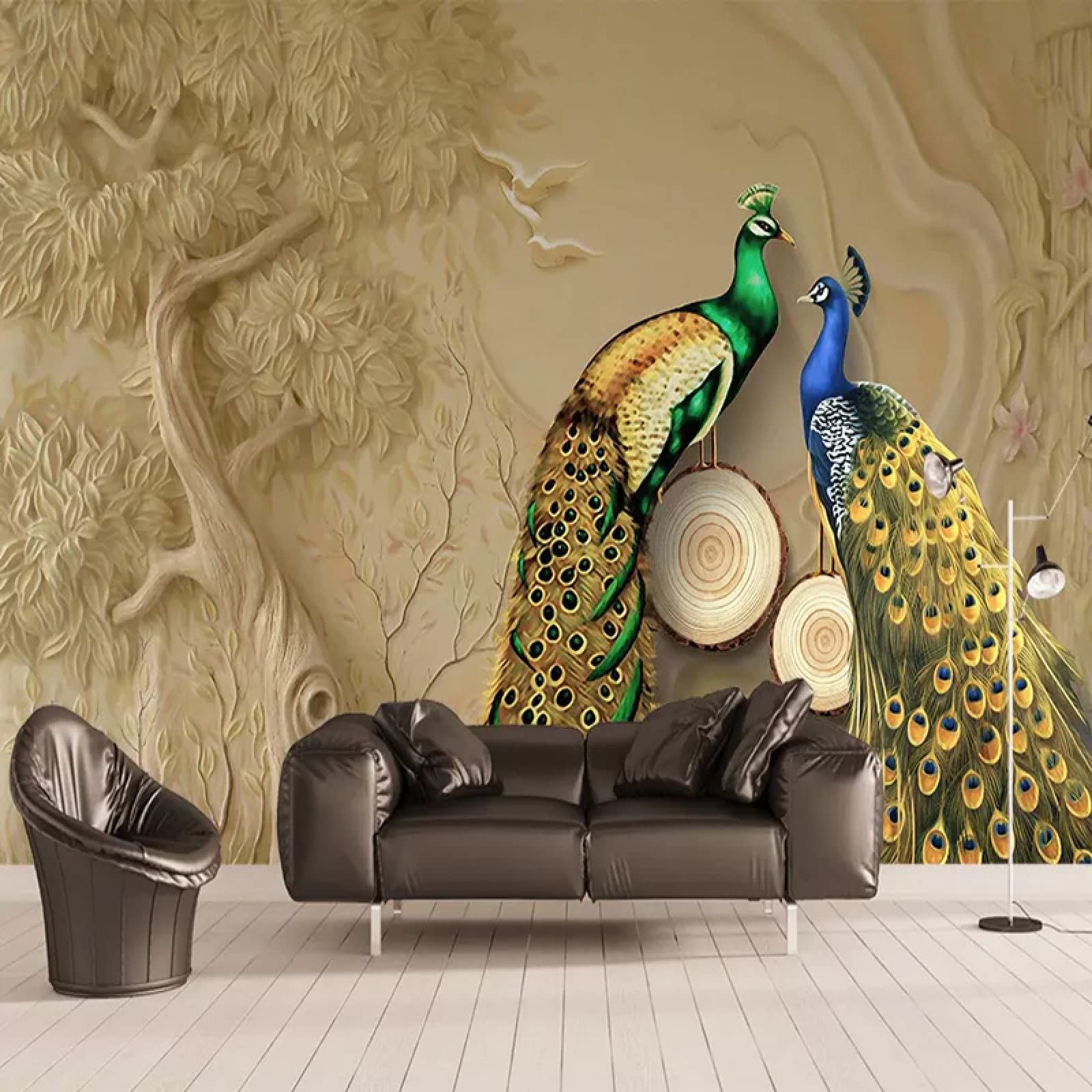 Grey Stereo Tree Peacock Mural Wallpaper - Landscape Photo Illustration Wall Art for Living Room & Bedroom - 79