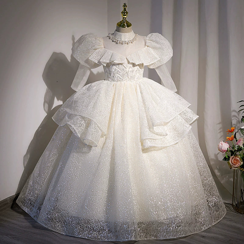 White Princess Jewel Neck Floor-Length Organza Flower Girl Dress for Weddings & Special Occasions