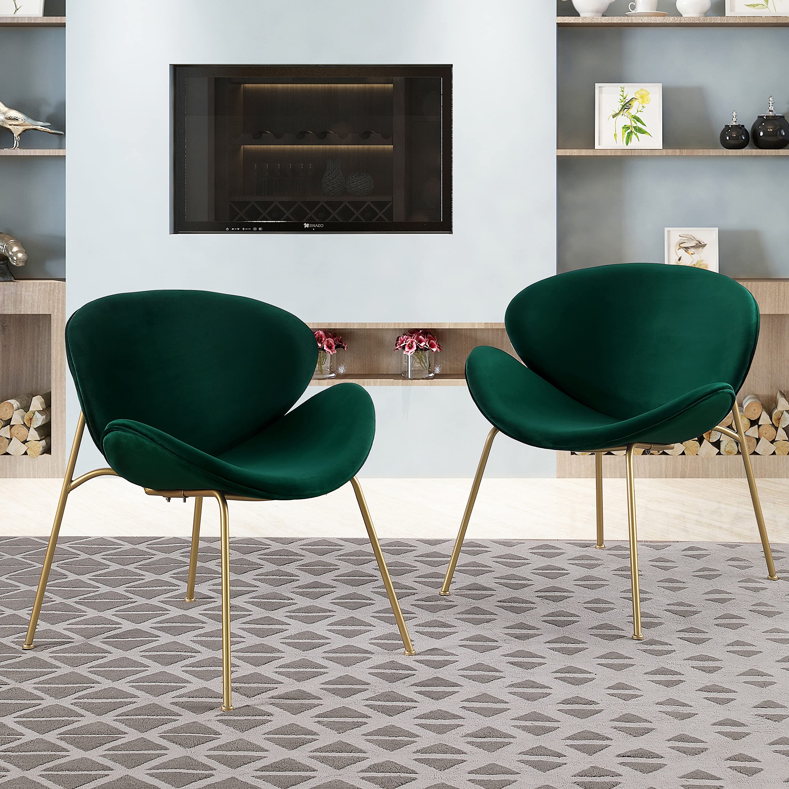 Yoluckea Velvet Vanity Chair Set of 2 - Modern Upholstered Accent Chairs with Gold Metal Legs for Living Room, Bedroom, Makeup Desk | Elegant Arced Seat & Back Design | Perfect for Dining Room, Kitchen, Home Office Decor (Green)