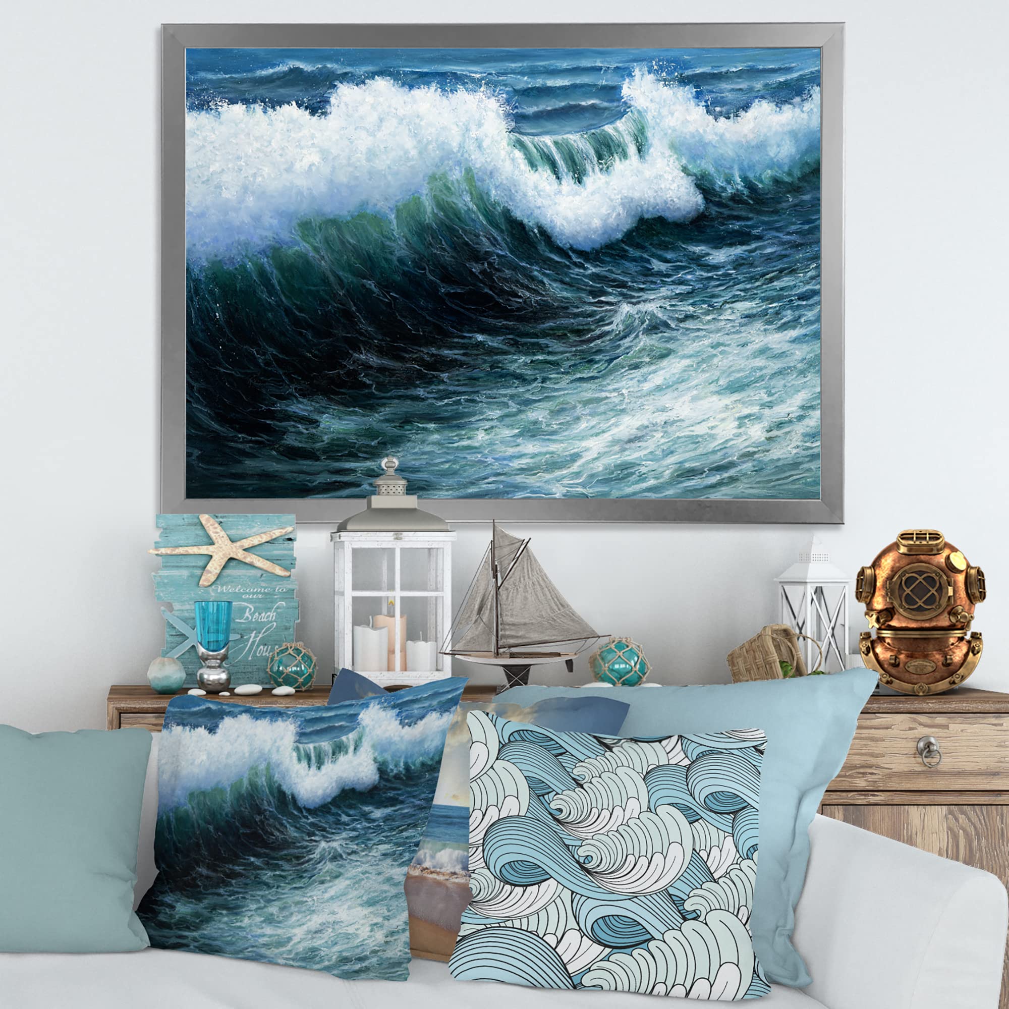 DesignQ Storm Waves In The Ocean Nautical Coastal Framed Wall Art - Beach House Decor, Living Room Wall Decor, Office Wall Art