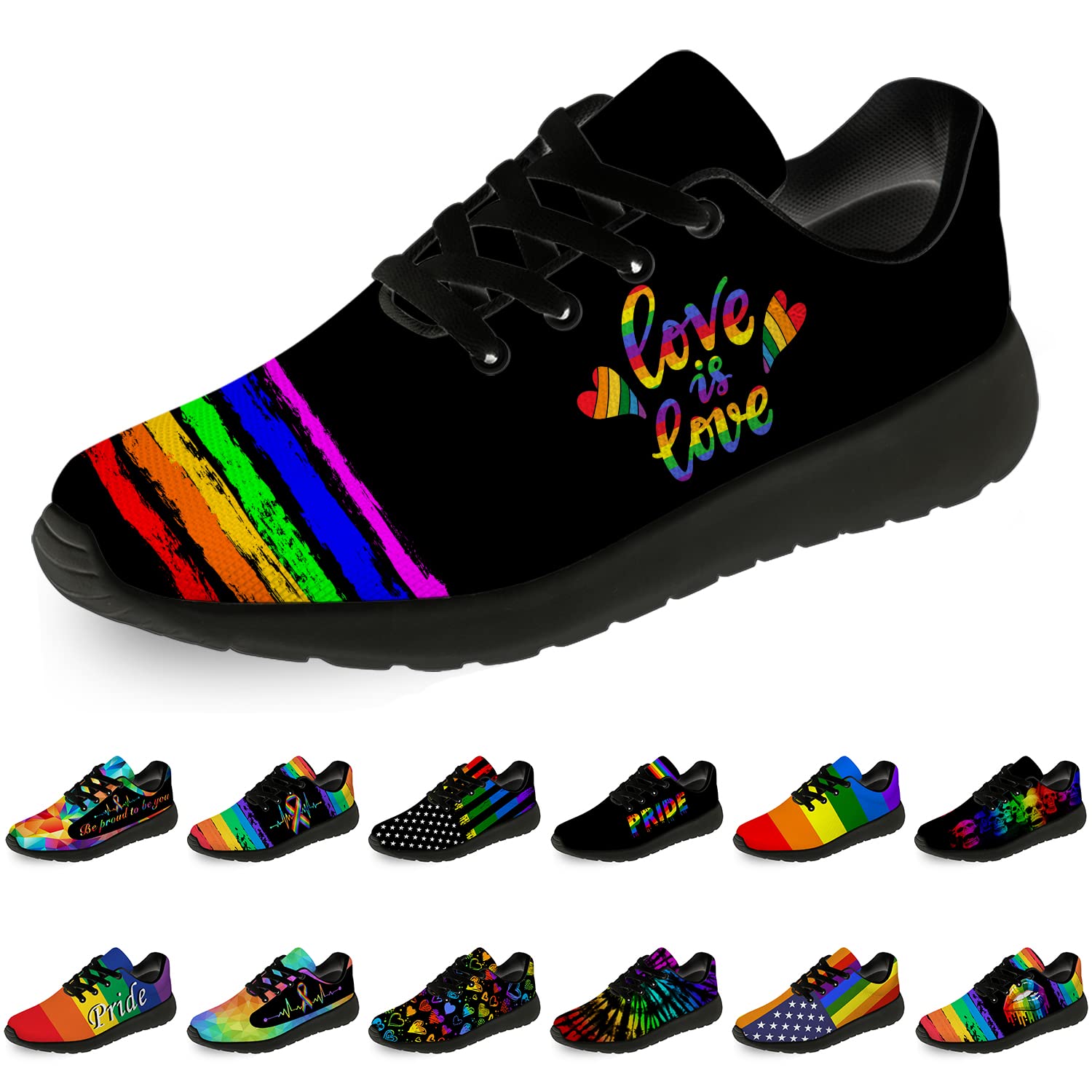**horethy Unisex Pride Running Shoes - Rainbow LGBT Gay Flag Sneakers for Men & Women - Size 10.5 Men/12 Women - Black - Perfect for Walking, Tennis & Pride Events**