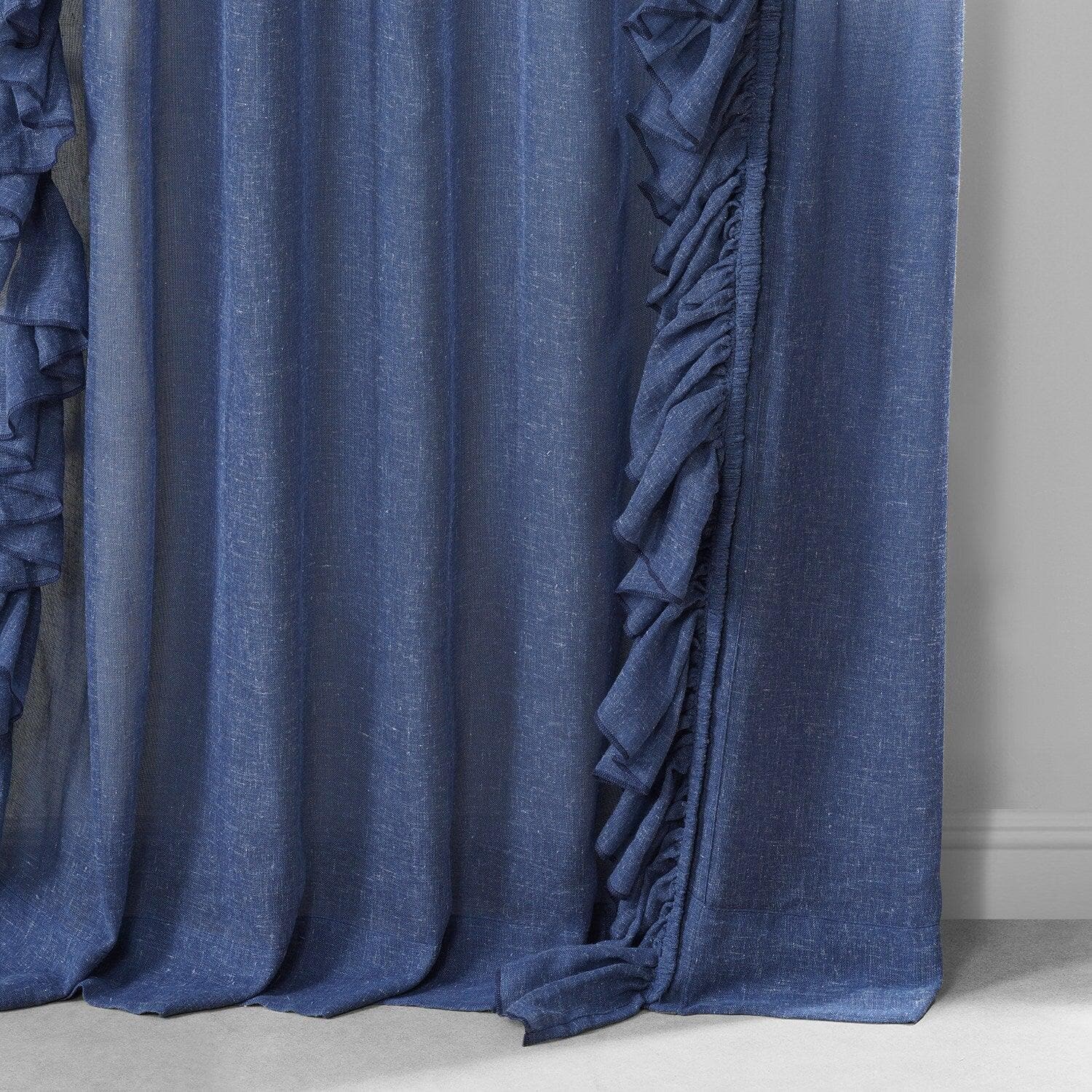 Blue Lapis Ruffled Faux Linen Sheer Curtains for Living Room & Bedroom - Light Filtering Window Drapes with Elegant Ruffle Design