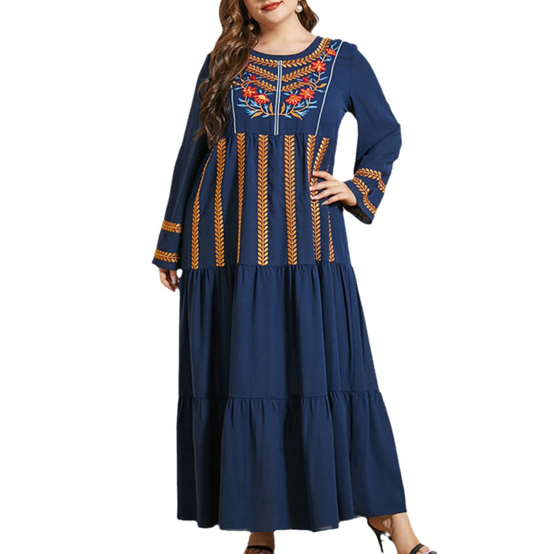 Plus Size Floral Embroidery Maxi Dress for Women - Long Sleeve Loose Fit Muslim Robe with Ethnic Patterns | Perfect for Casual Wear, Eid Celebrations, Beach Cover-ups and Special Occasions