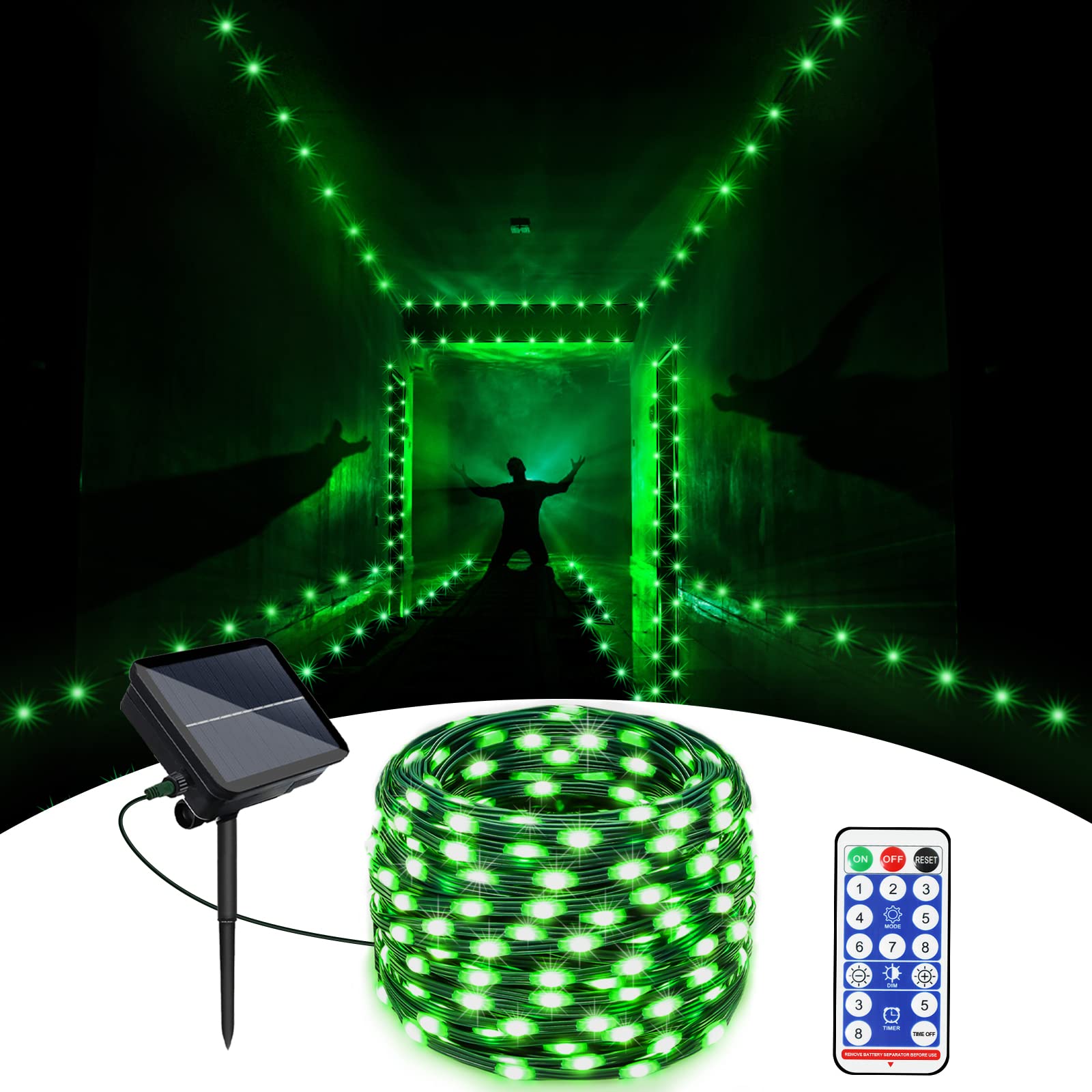 ROADAYLY 98FT 300 LED Solar String Lights - Waterproof Outdoor Solar Fairy Lights with Remote Control & 8 Lighting Modes - Perfect for Patio, Garden, Yard, Party, Wedding and Holiday Decorations