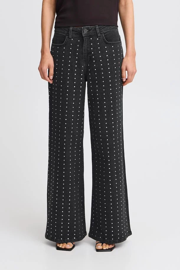 Braidy Rhinestone Wide Leg Jeans for Women - Distressed Washed Black High Waist Flare Pants - Perfect for Casual Wear, Night Out and Party Outfits