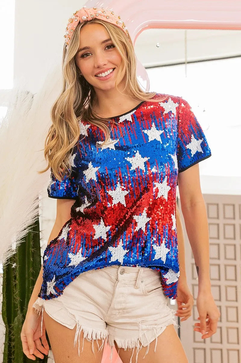 BiBi American Flag Star Sequin Top for Women | Patriotic Party Outfit | Perfect for 4th of July, Independence Day & Festive Celebrations