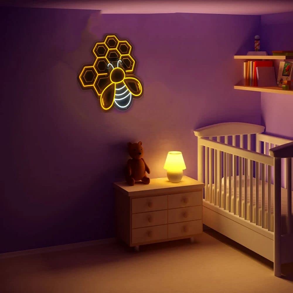 Honey Bee LED Neon Sign - Vibrant Honeycomb Wall Art for Bedroom, Bar & Cafe Decor - Perfect Beekeeper Gift & Unique Home Lighting (43x32.51cm) - Ideal for Birthday Presents, Wedding Decor & Apartment Aesthetics
