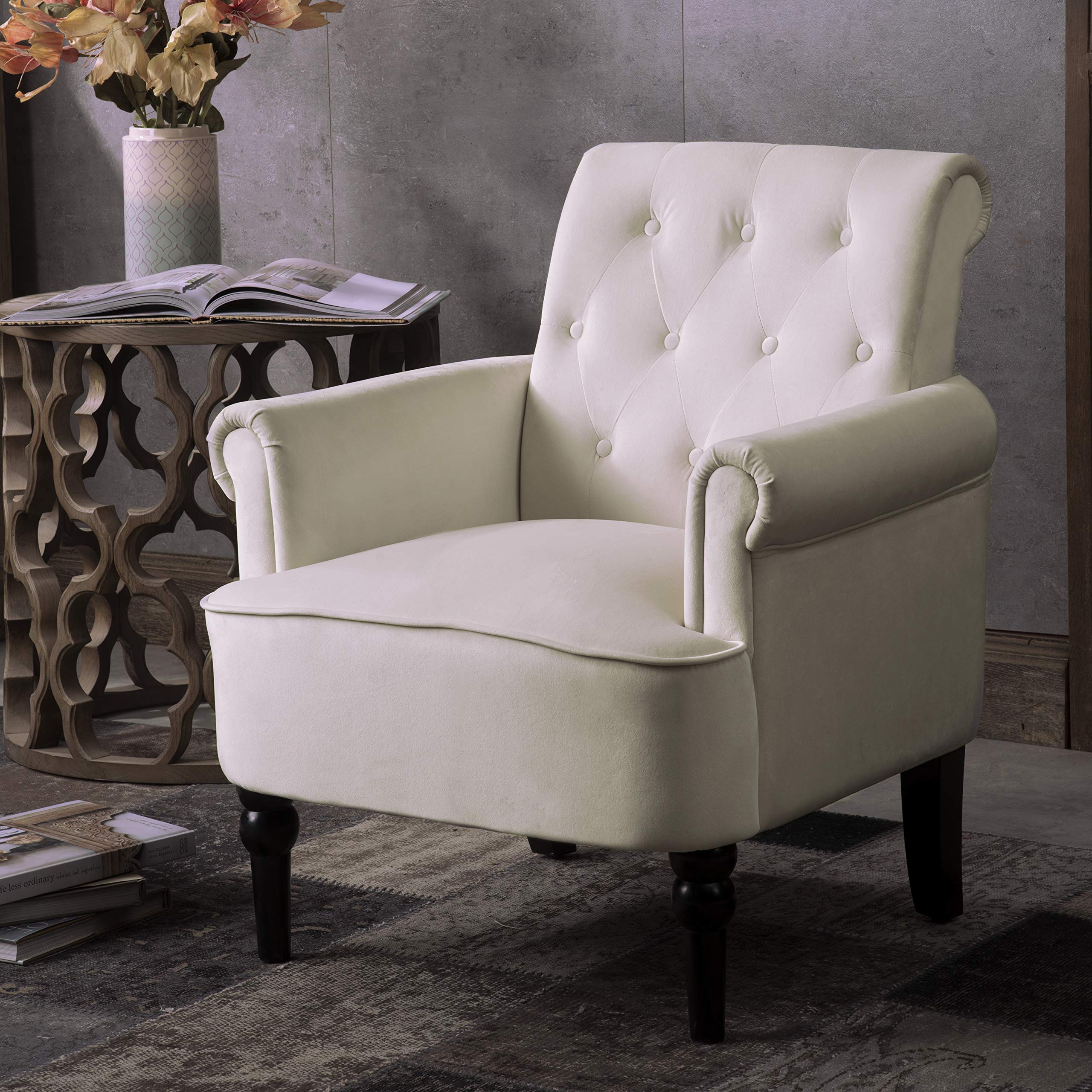 Mid Century Modern Accent Chair - Velvet Upholstered Armchair with Button Tufted Design & Padded Seat - Compact Space-Saving Chair for Living Room, Bedroom or Home Office - Off White - Perfect for Small Apartments & Cozy Reading Nooks