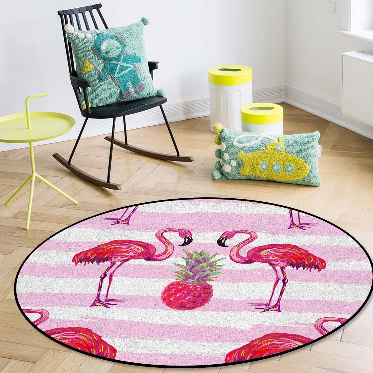 YOKOU 3 ft Round Flamingo Pineapple Watercolor Stripes Non-Slip Soft Area Rug - Pink Accent Rug for Living Room, Bedroom, Nursery & Porch Decor | Perfect for Boho Chic Home Decor & Cozy Spaces