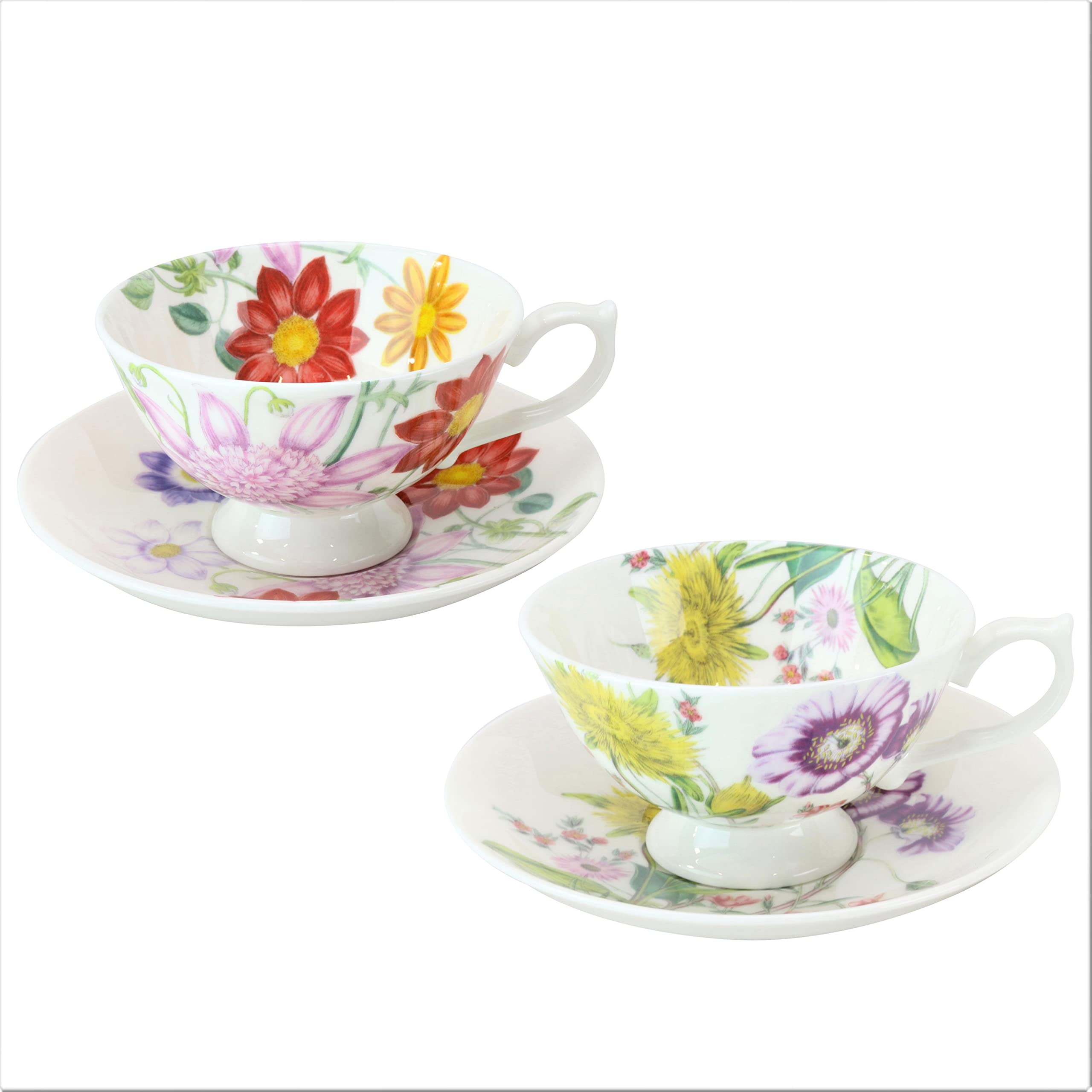 Gracie Bone China Provence Meadow Tea Cups and Saucers Set - Orange Yellow Floral Design - Perfect for Afternoon Tea, Bridal Shower, and Vintage Home Decor