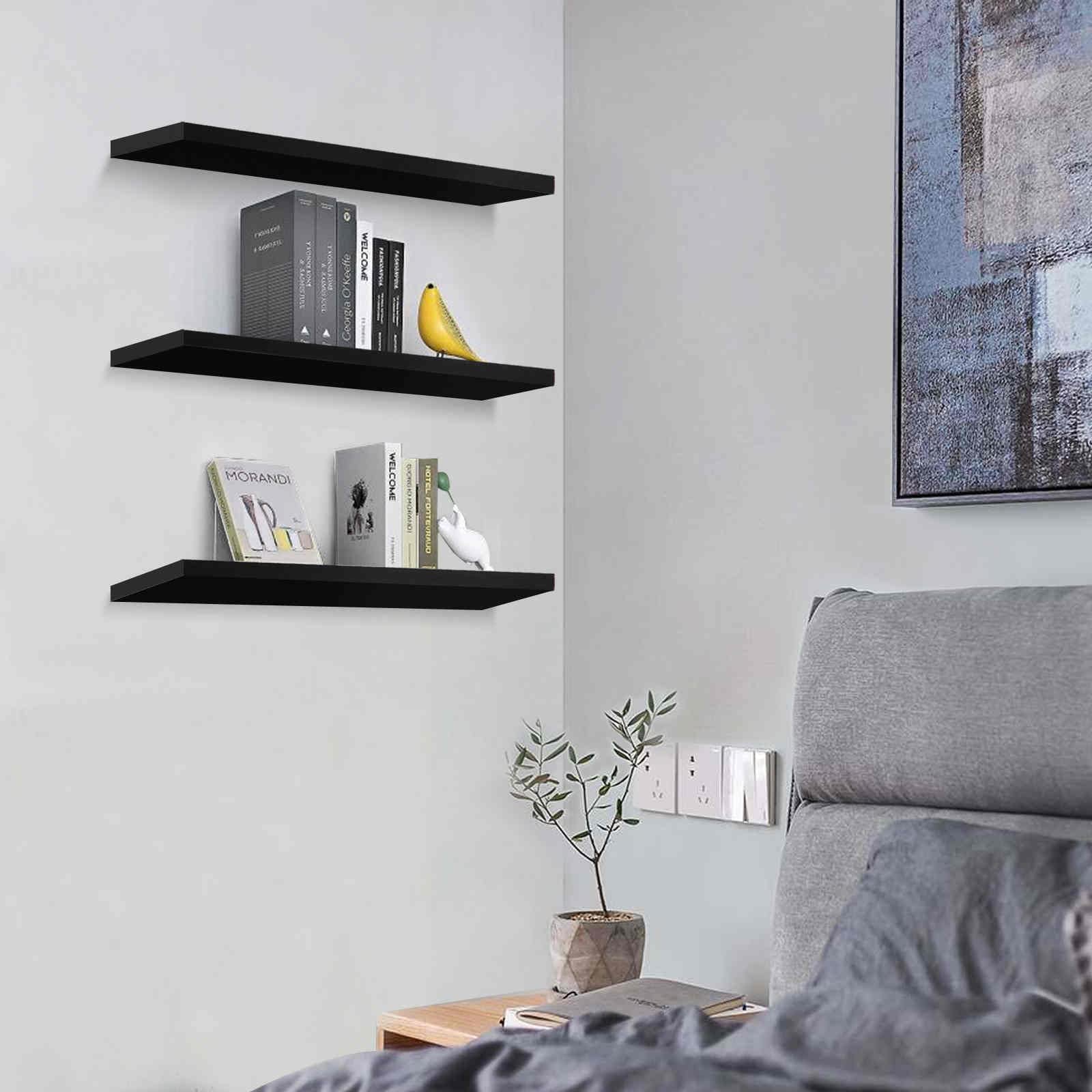 Floating Shelves Set of 3 - Solid Wood Wall Shelves for Bathroom, Bedroom & Kitchen Decor - Black