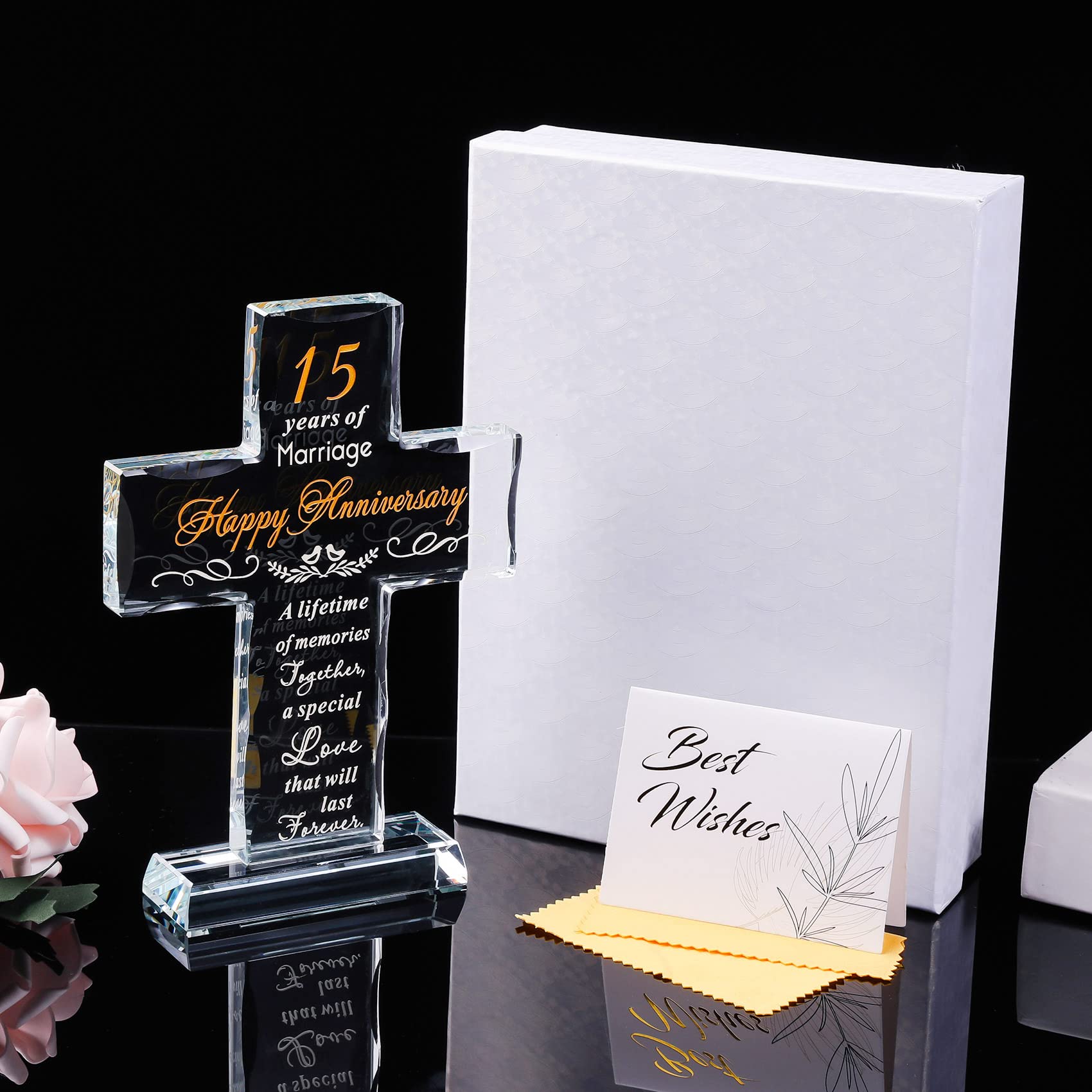 15th Anniversary Glass Cross Gift for Couples - Romantic Wedding Anniversary Present for Him & Her - 15 Years Marriage Keepsake - Perfect for Christian Celebrations, Vow Renewals & Milestone Gifts