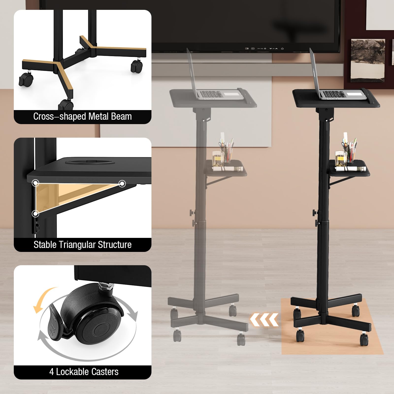 Giantex Adjustable Mobile Laptop Podium Stand - Rolling Height-Adjustable Standing Desk with Storage Tray & Tilting Desktop - Perfect for Home Office, Classroom, Church Lectern & Conference Presentations - Black