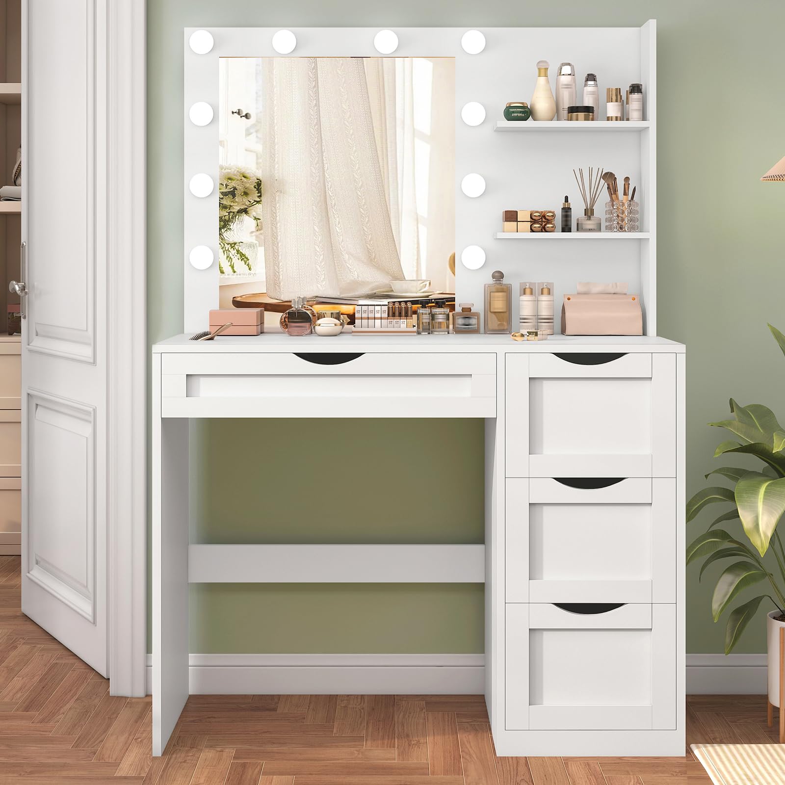 USIKEY White Makeup Vanity Desk with LED Mirror & 10 Adjustable Lights - 4 Drawers, 2 Storage Shelves, 3 Color Modes - Perfect Dressing Table for Bedroom, Home Salon & Beauty Room Organization