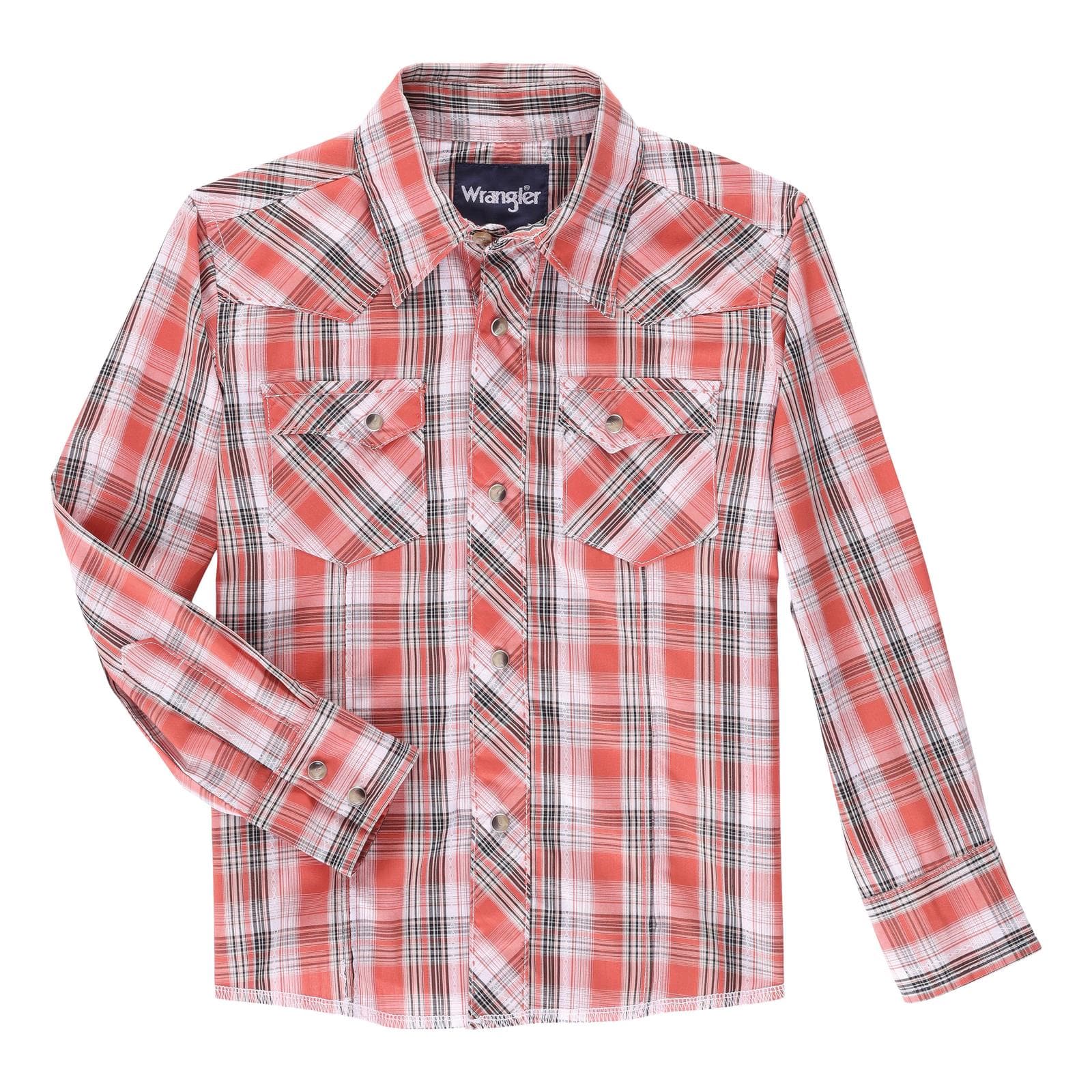 Wrangler Boys' Orange Plaid Snap Button Shirt - Casual & Stylish for School, Playdates, and Outdoor Adventures
