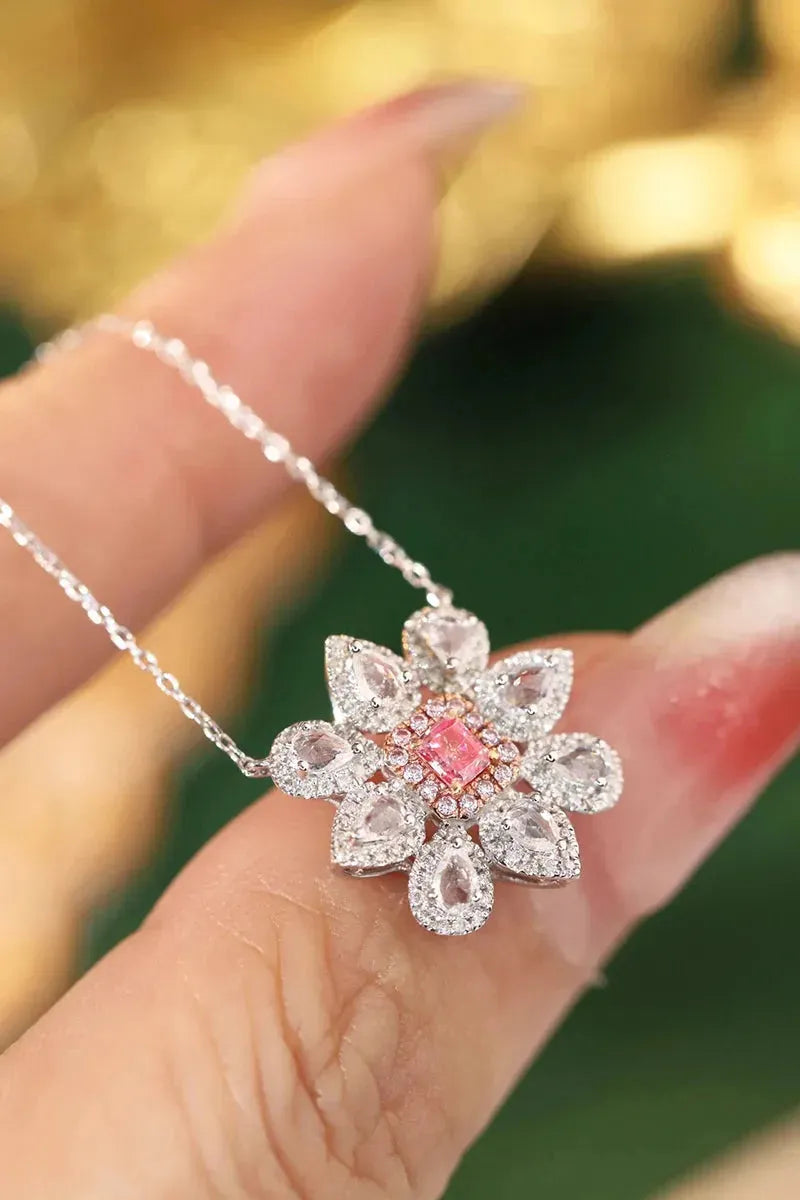 18K White Gold Floral Necklace with Real Pink Diamond & Aquamarine - Elegant Women's Jewelry for Parties, Weddings & Special Occasions