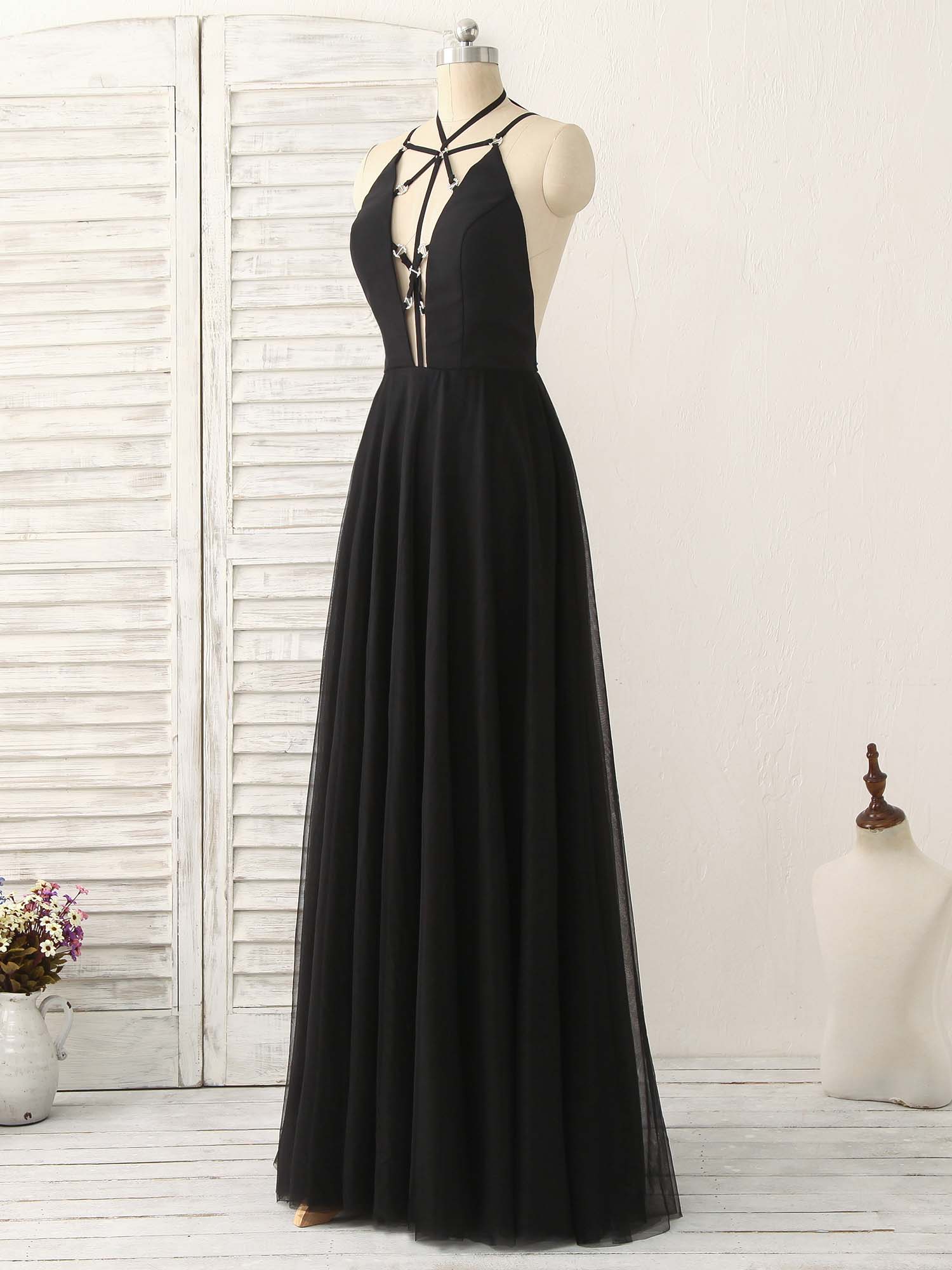 Elegant Black Tulle Backless Long Prom Dress - Sexy Evening Gown for Formal Events, Parties & Special Occasions