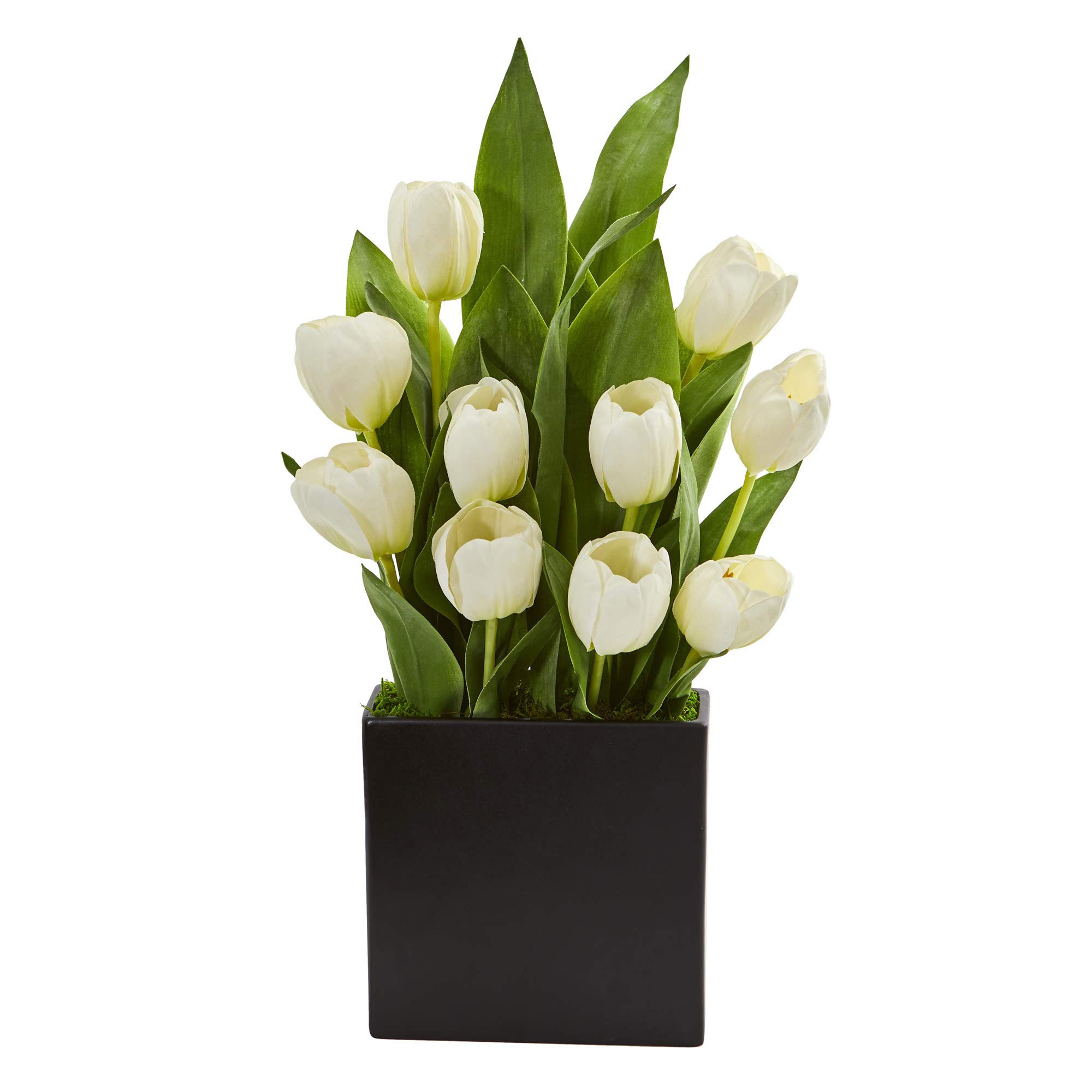 Nearly Natural Black Tulips Artificial Silk Flower Arrangement in White Vase - Home Decor for Living Room, Dining Table, Office Desk & Wedding Centerpieces