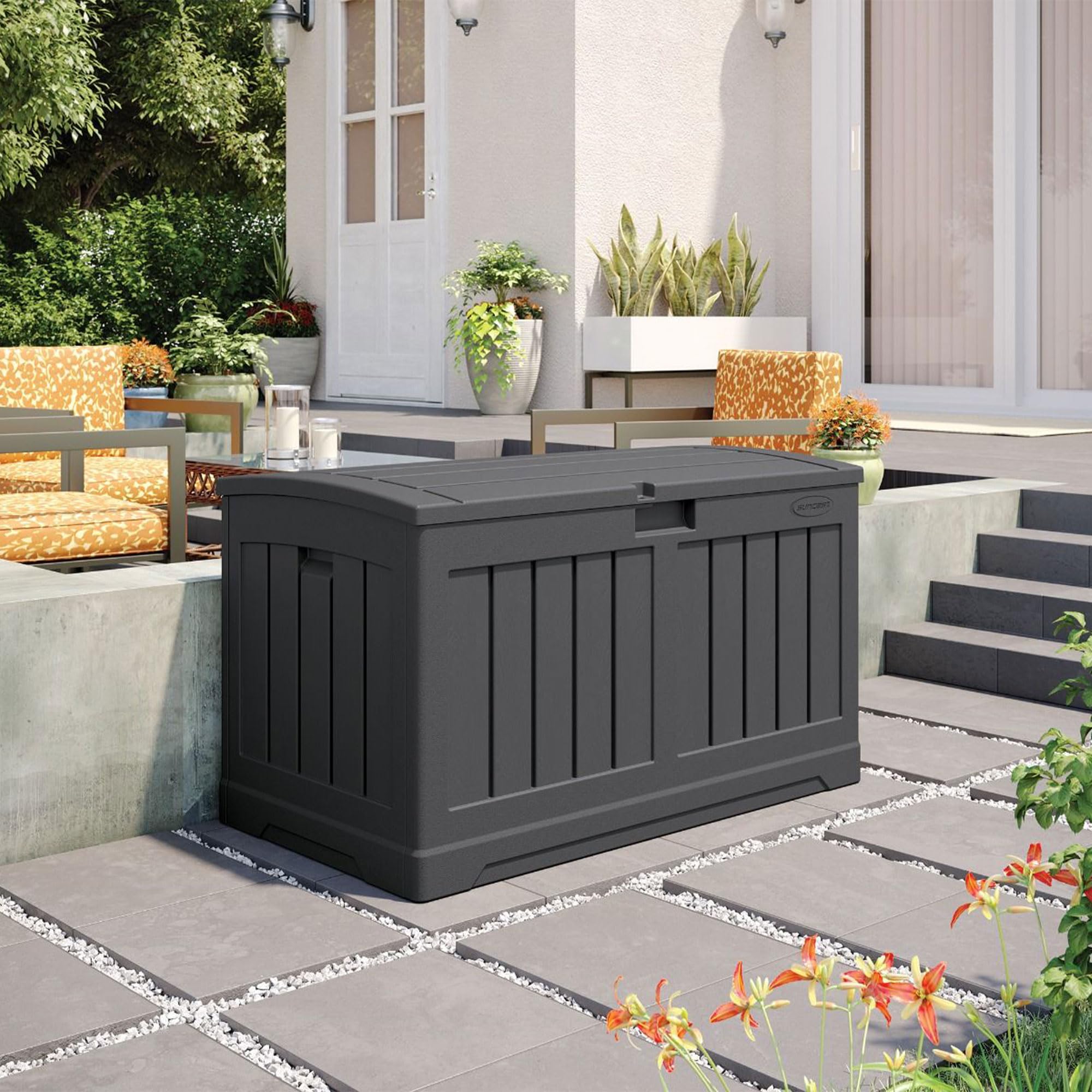 Suncast 50 Gallon All-Weather Resin Outdoor Storage Deck Box with Arched Lid - Medium Capacity Patio, Garden & Pool Storage Solution - Durable Peppercorn Design for Backyard, Deck or Poolside Organization