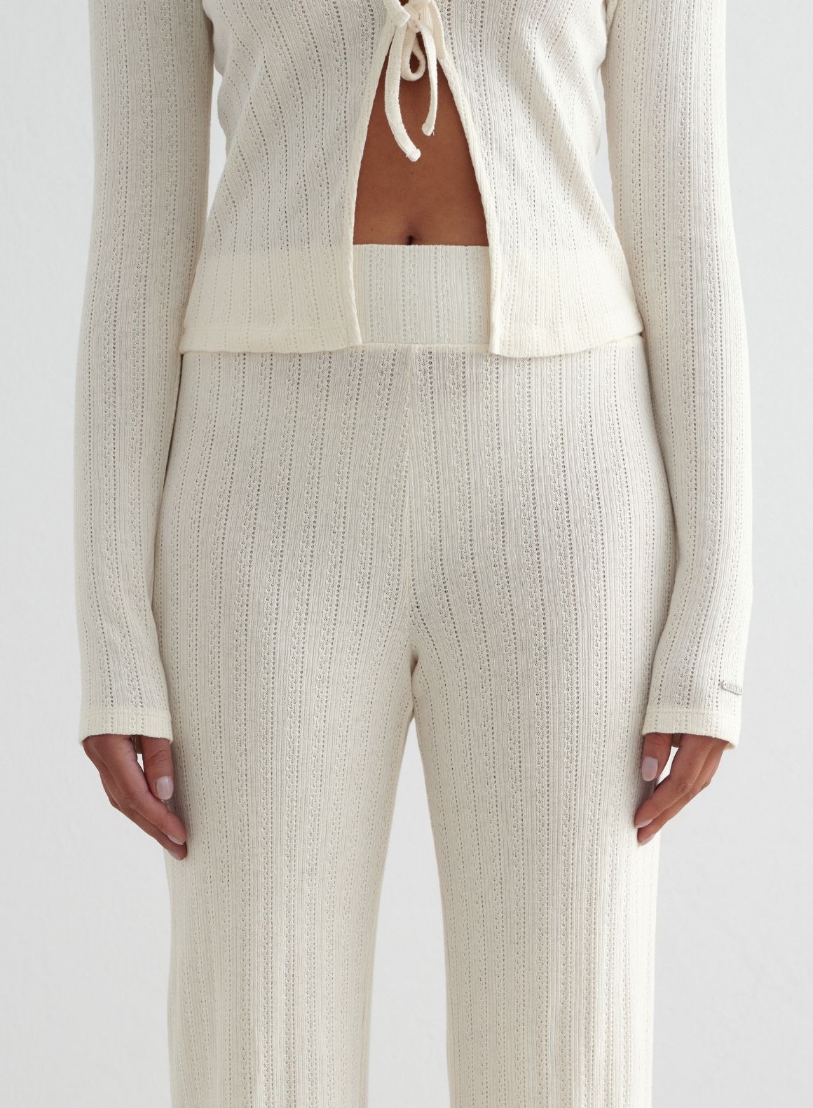 Almond White Pointelle Knit Pants for Women - Soft & Breathable High Waisted Lounge Pants - Perfect for Yoga, Sleepwear & Casual Wear