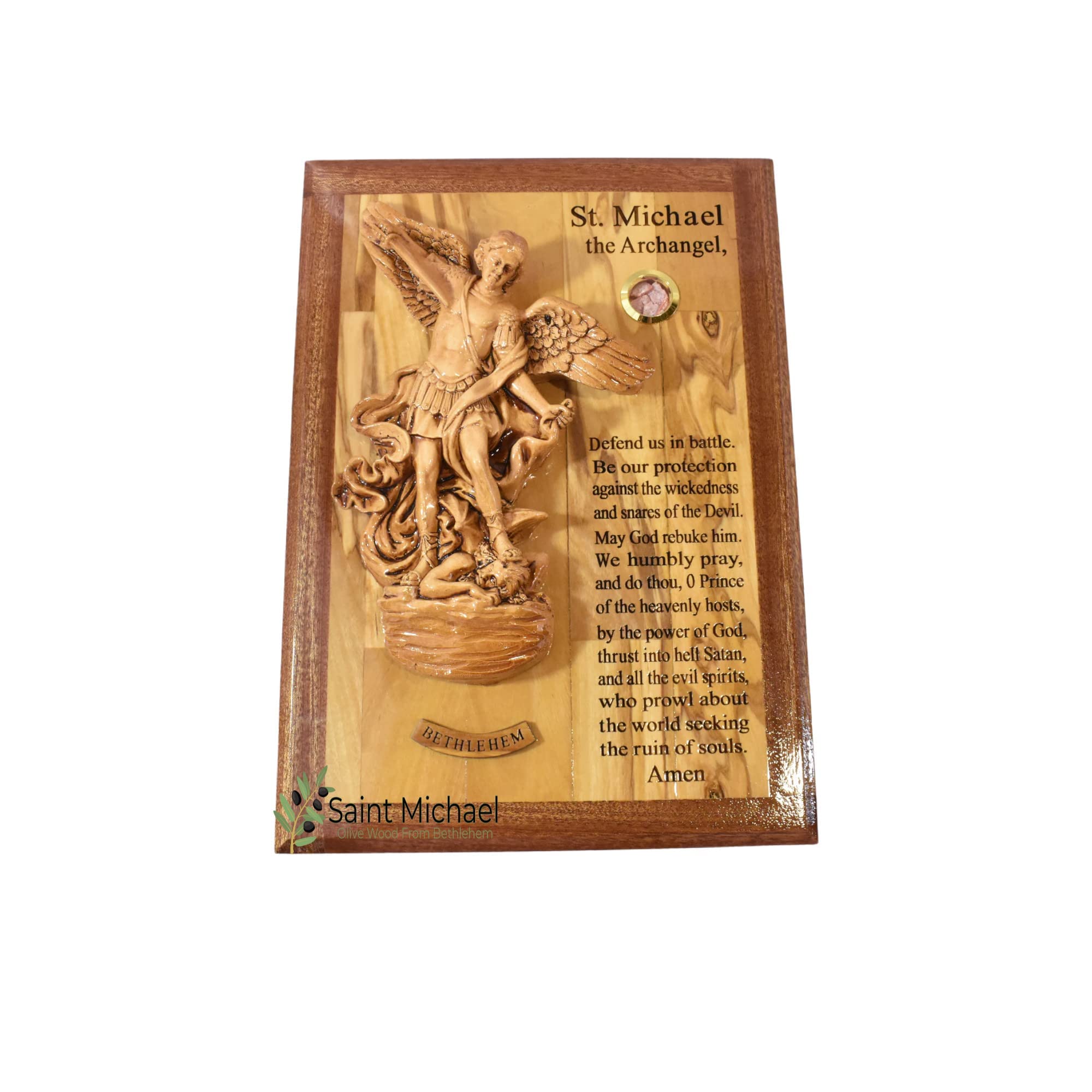 Handmade St. Michael Wall Sculpture - Olive Wood Religious Art from Holy Land | Archangel Michael Prayer Decor for Home, Church & Spiritual Spaces