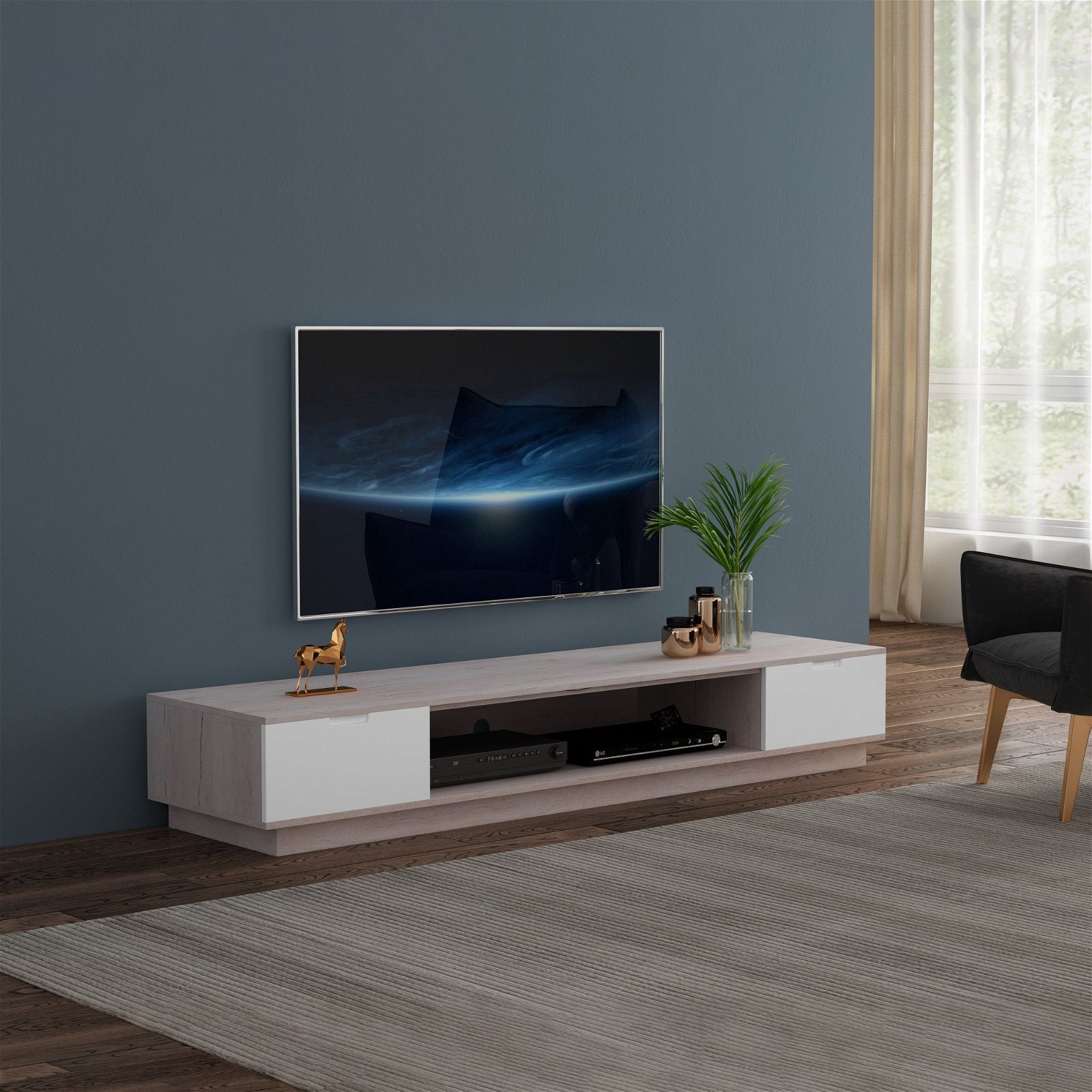 TAURIS RIO2200LL Solid Oak Entertainment Center - Modern TV Stand with Storage for Living Room, Bedroom & Home Theater