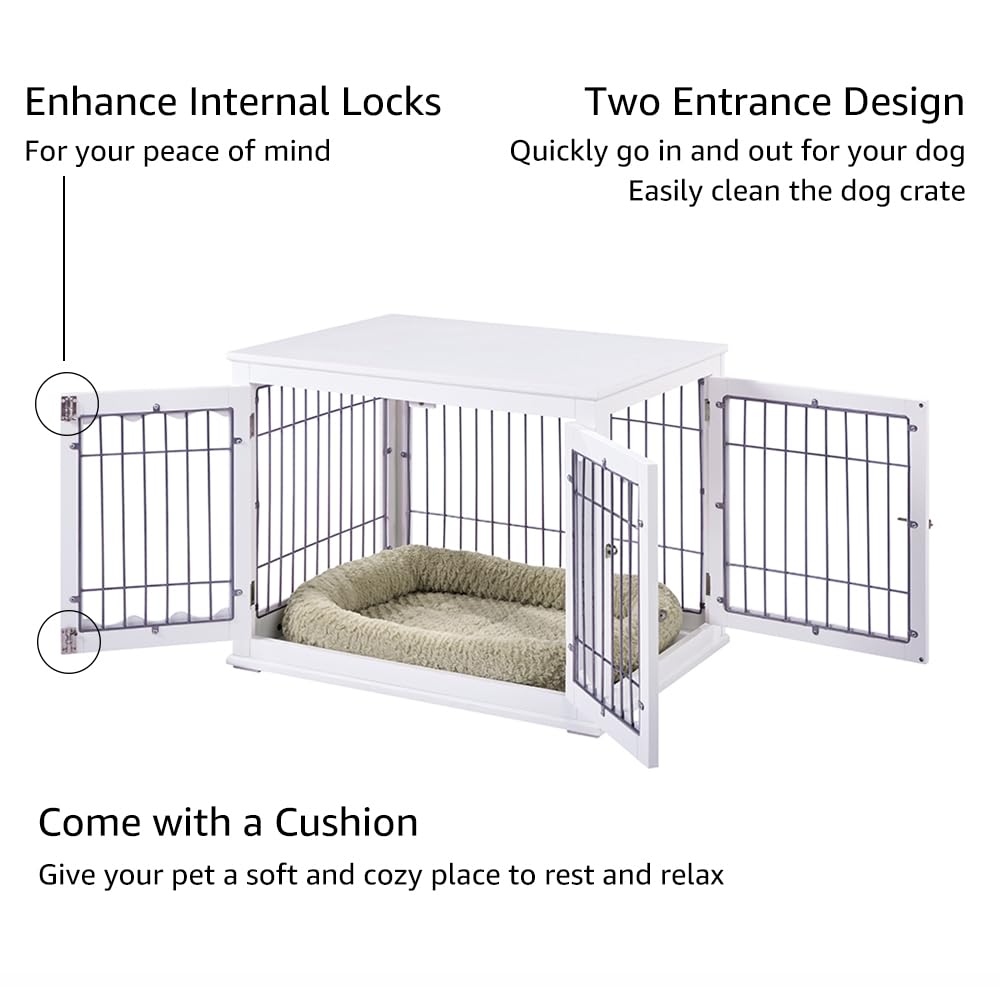 Unipaws White Wooden Dog Crate for Medium Dogs - Modern Furniture Style Indoor Pet Kennel with Wire Design, Decorative Puppy House & Multi-Functional End Table/Nightstand - Perfect for Living Room, Bedroom or Office Spaces