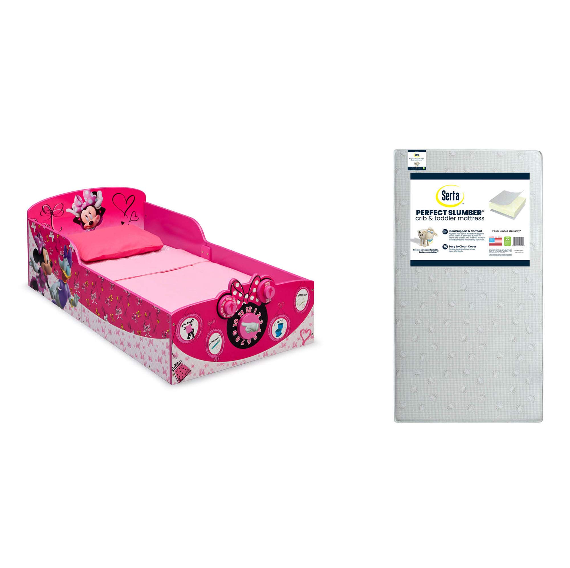 Delta Children Disney Minnie Mouse Interactive Wood Toddler Bed with Serta Perfect Slumber Dual-Sided Mattress - Recycled Fiber Core Toddler Bed Set for Girls' Room | Nursery Furniture for Toddlers 2-5 Years Old