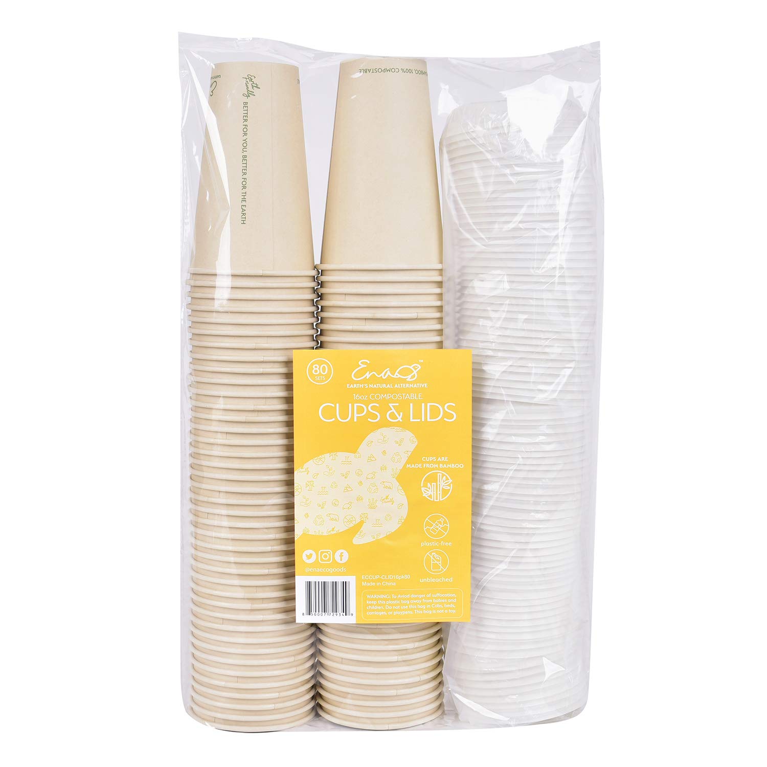 Eco-Friendly 100% Compostable Bamboo Coffee Cups with Lids - 16oz (80 Count) | Unbleached Paper Cups & Plant-Based Lids | Perfect for Coffee Shops, Offices & Sustainable Events | Biodegradable To-Go Cups